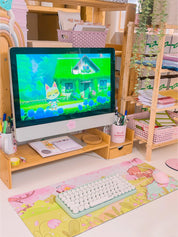 Sakura Scene Gaming Desk Pad | Cottagecore Cherry Blossom Decor | Bumblebutt & Froggo Kawaii Mat - Katnipp Studios