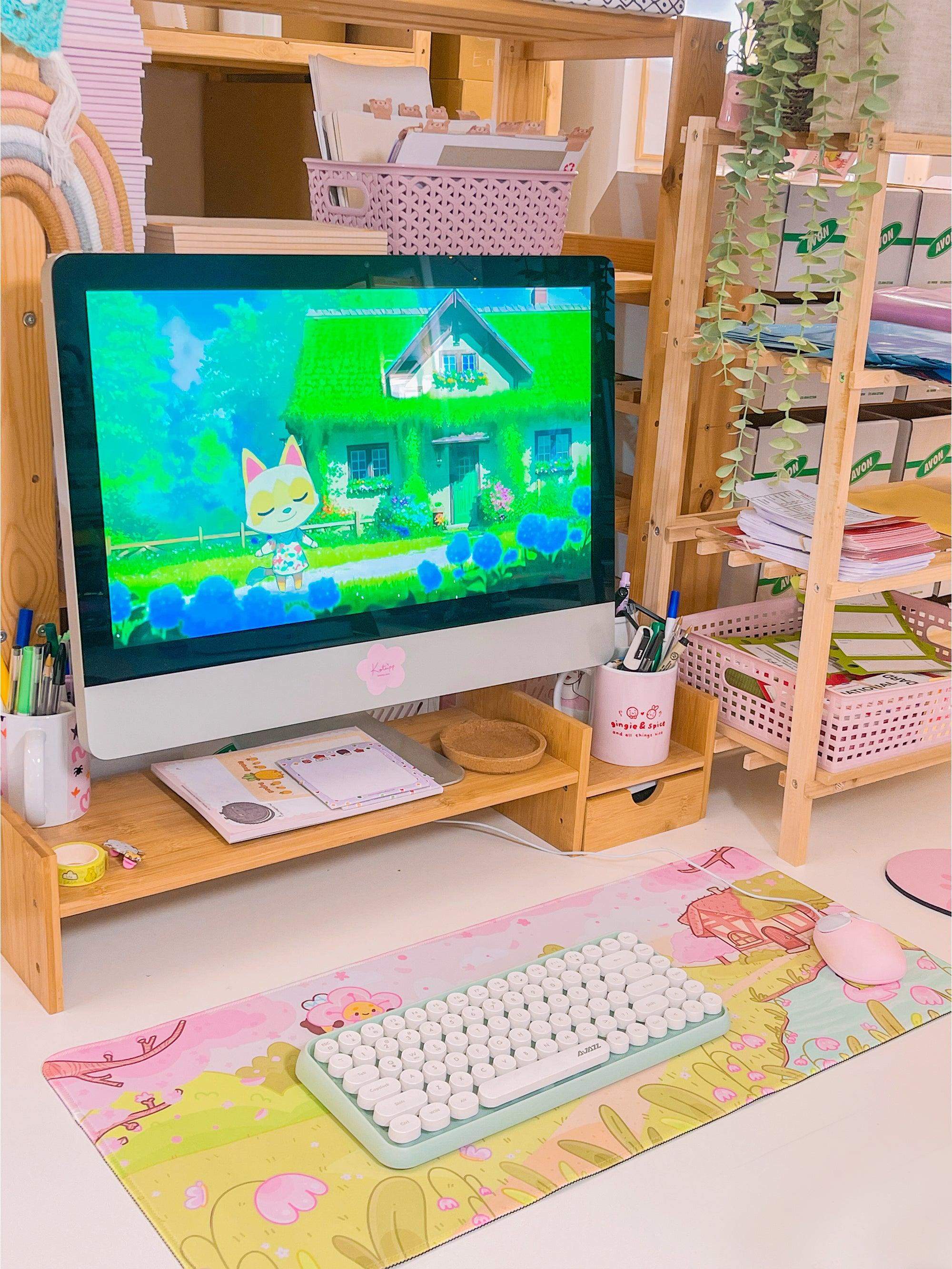 Sakura Scene Gaming Desk Pad | Cottagecore Cherry Blossom Decor | Bumblebutt & Froggo Kawaii Mat - Katnipp Studios