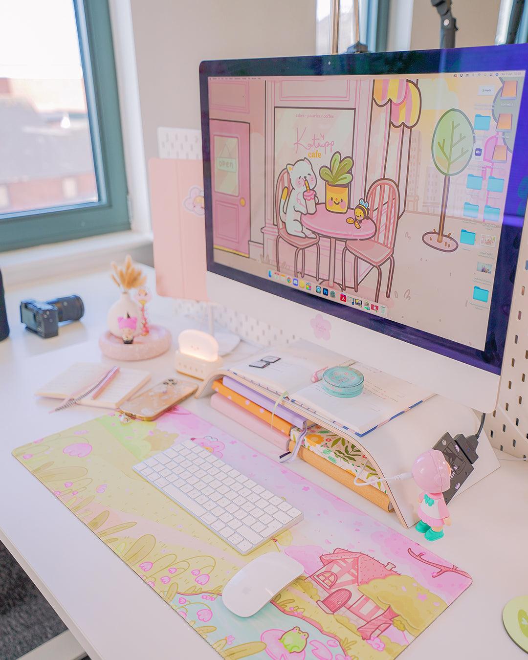 Sakura Scene Gaming Desk Pad | Cottagecore Cherry Blossom Decor | Bumblebutt & Froggo Kawaii Mat - Katnipp Studios