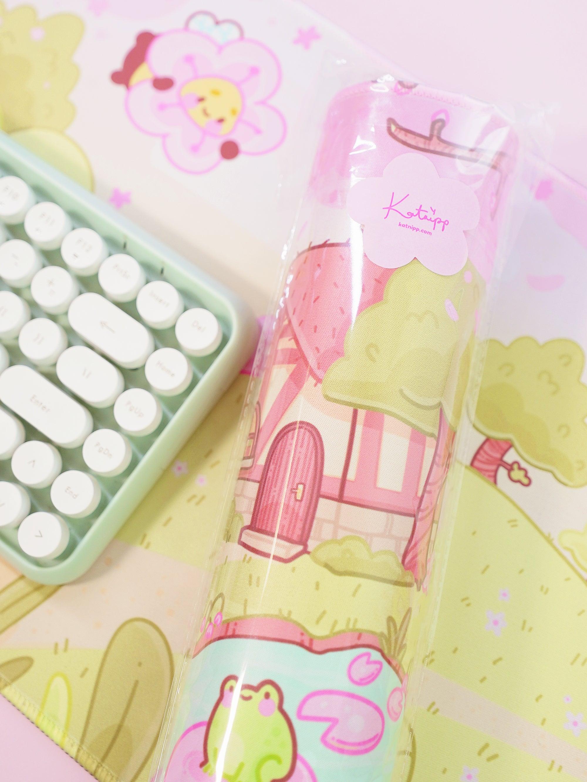 Sakura Scene Gaming Desk Pad | Cottagecore Cherry Blossom Decor | Bumblebutt & Froggo Kawaii Mat - Katnipp Studios