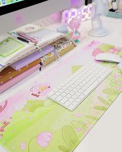 Sakura Scene Gaming Desk Pad | Cottagecore Cherry Blossom Decor | Bumblebutt & Froggo Kawaii Mat - Katnipp Studios