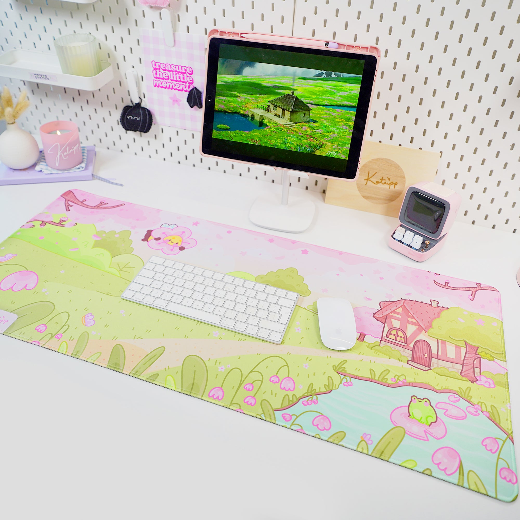 Sakura Scene Gaming Desk Pad | Cottagecore Cherry Blossom Decor | Bumblebutt & Froggo Kawaii Mat - Katnipp Studios
