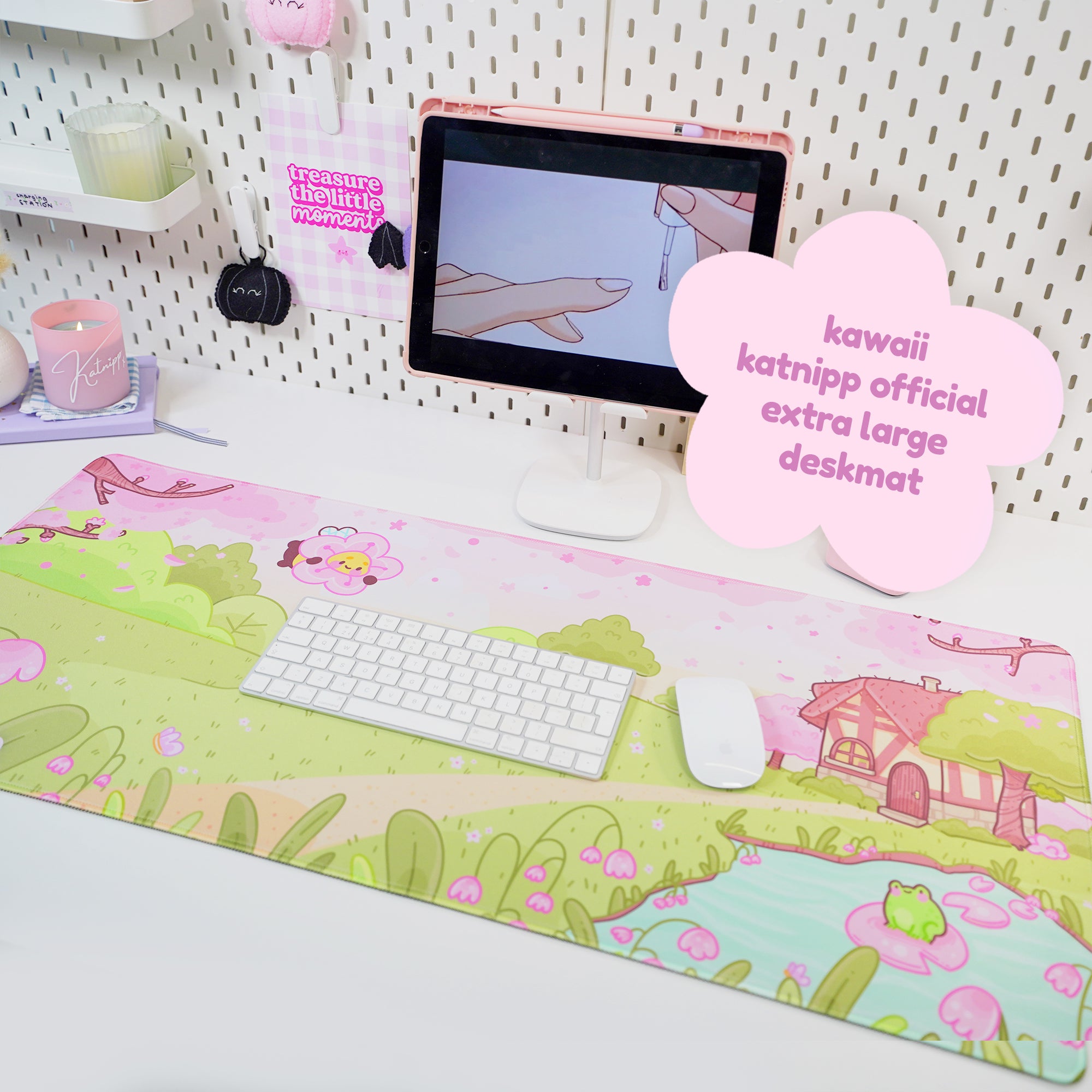 Sakura Scene Gaming Desk Pad | Cottagecore Cherry Blossom Decor | Bumblebutt & Froggo Kawaii Mat - Katnipp Studios