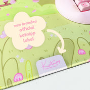 Sakura Scene Gaming Desk Pad | Cottagecore Cherry Blossom Decor | Bumblebutt & Froggo Kawaii Mat - Katnipp Studios