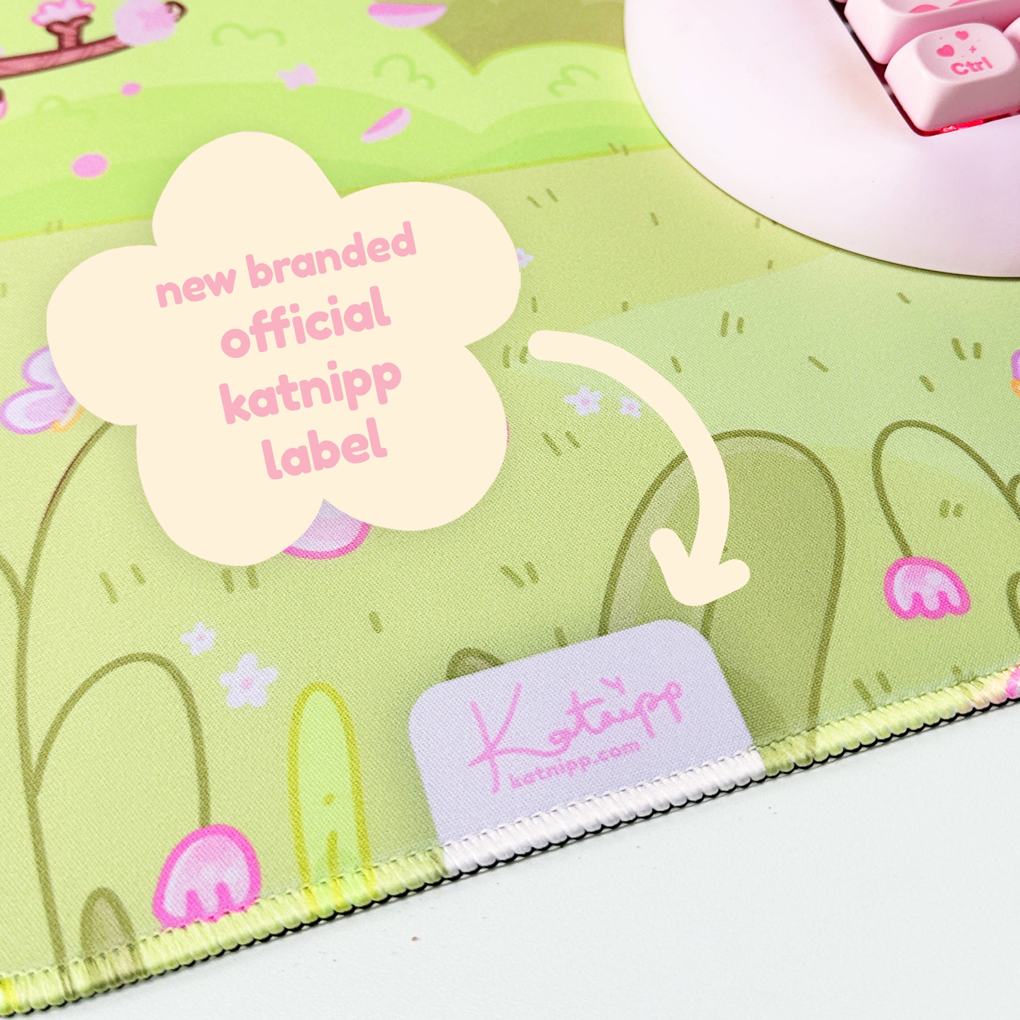 Sakura Scene Gaming Desk Pad | Cottagecore Cherry Blossom Decor | Bumblebutt & Froggo Kawaii Mat - Katnipp Studios