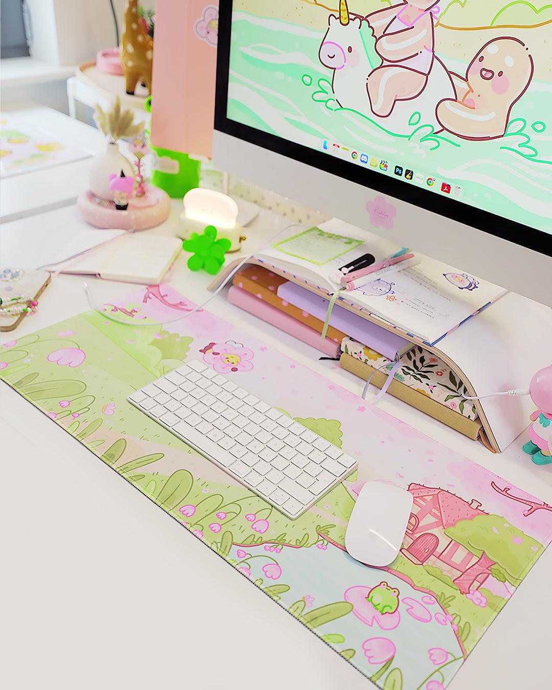 Sakura Scene Gaming Desk Pad | Cottagecore Cherry Blossom Decor | Bumblebutt & Froggo Kawaii Mat - Katnipp Studios