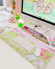 Sakura Scene Gaming Desk Pad | Cottagecore Cherry Blossom Decor | Bumblebutt & Froggo Kawaii Mat - Katnipp Studios