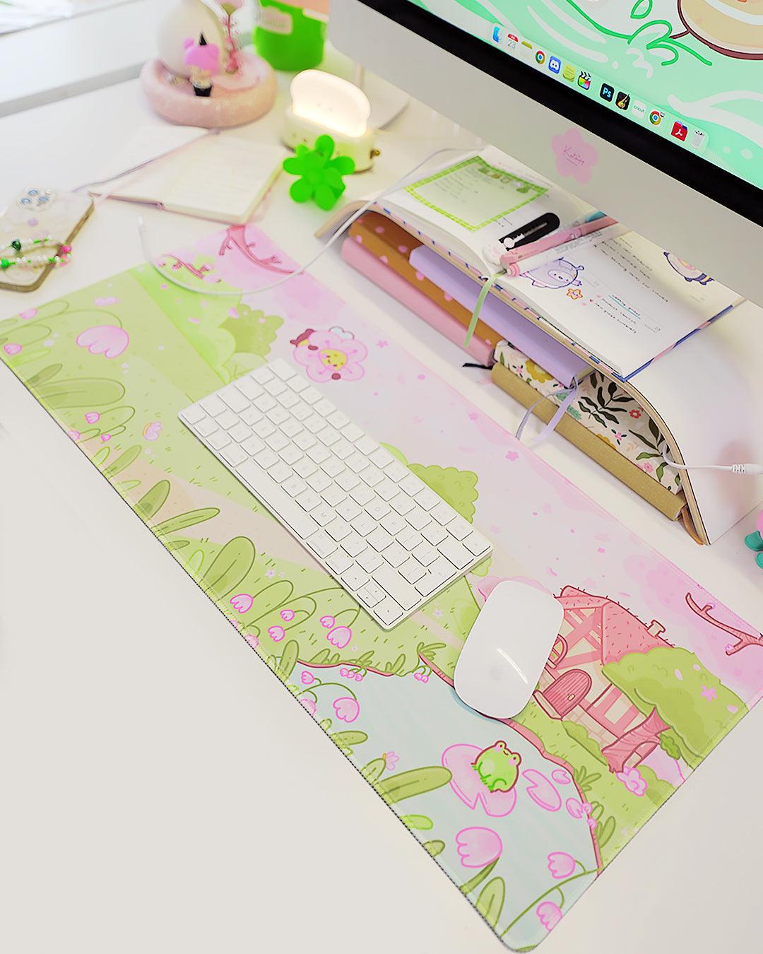 Sakura Scene Gaming Desk Pad | Cottagecore Cherry Blossom Decor | Bumblebutt & Froggo Kawaii Mat - Katnipp Studios