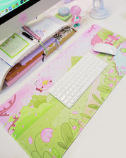 Sakura Scene Gaming Desk Pad | Cottagecore Cherry Blossom Decor | Bumblebutt & Froggo Kawaii Mat - Katnipp Studios