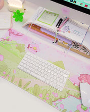 Sakura Scene Gaming Desk Pad | Cottagecore Cherry Blossom Decor | Bumblebutt & Froggo Kawaii Mat - Katnipp Studios