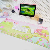 Sakura Scene Gaming Desk Pad | Cottagecore Cherry Blossom Decor | Bumblebutt & Froggo Kawaii Mat - Katnipp Studios
