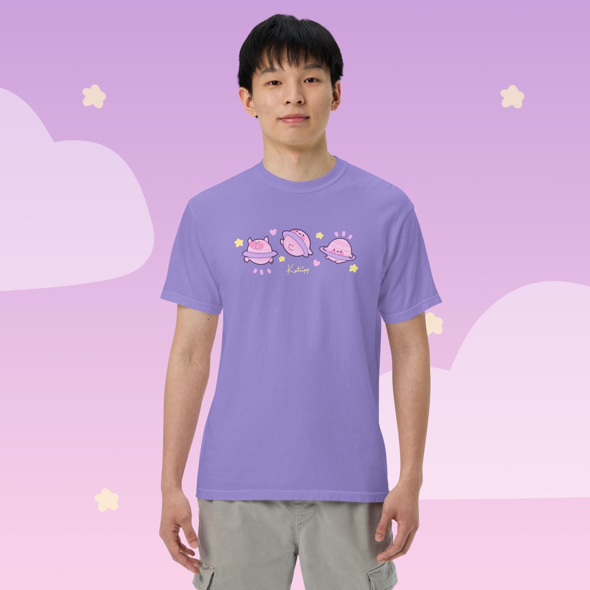 Saturn Cosmic Poses Heavyweight T-Shirt | Cute Celestial Planet Design Katnipp character product