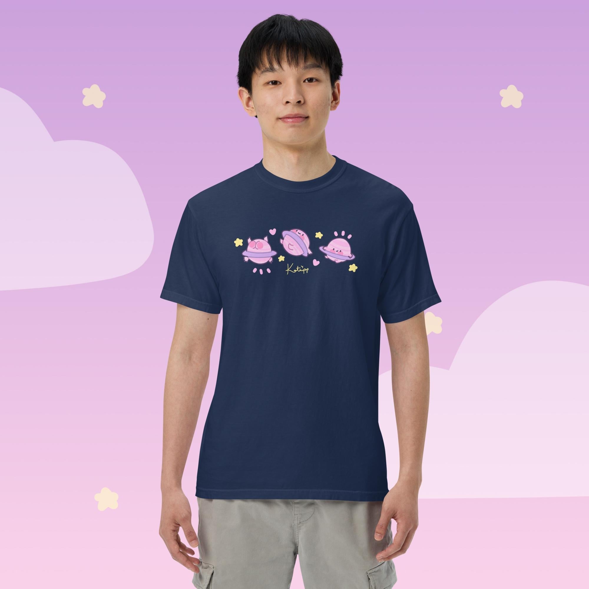 Saturn Cosmic Poses Heavyweight T-Shirt | Cute Celestial Planet Design Katnipp character product