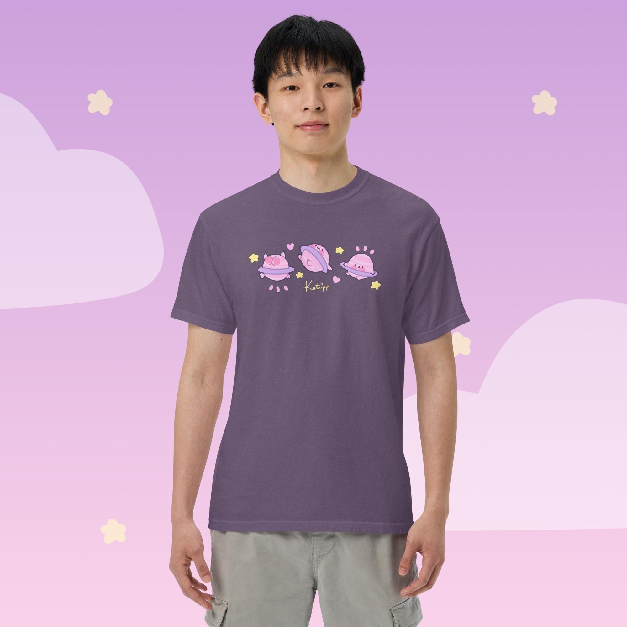 Saturn Cosmic Poses Heavyweight T-Shirt | Cute Celestial Planet Design Katnipp character product