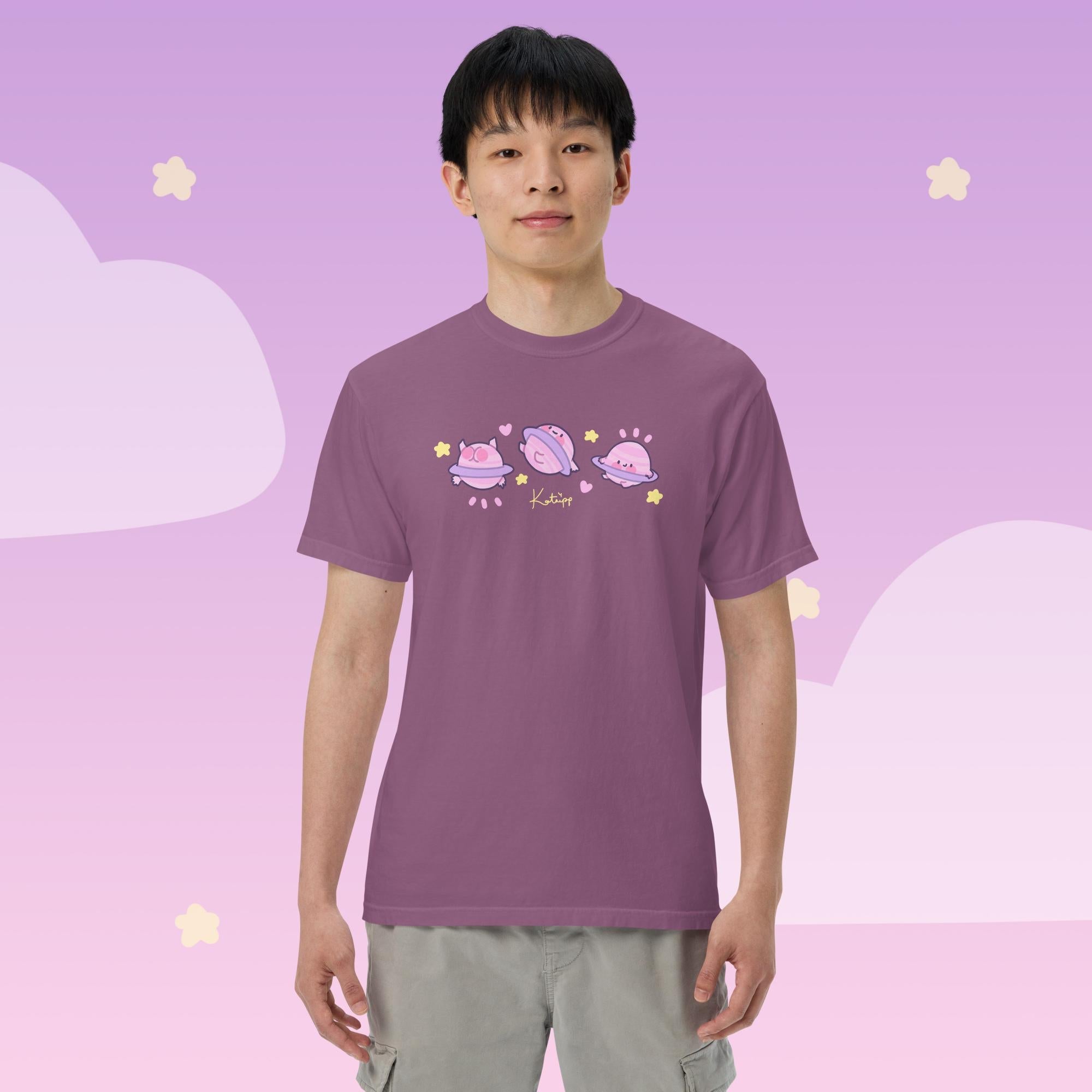 Saturn Cosmic Poses Heavyweight T-Shirt | Cute Celestial Planet Design Katnipp character product