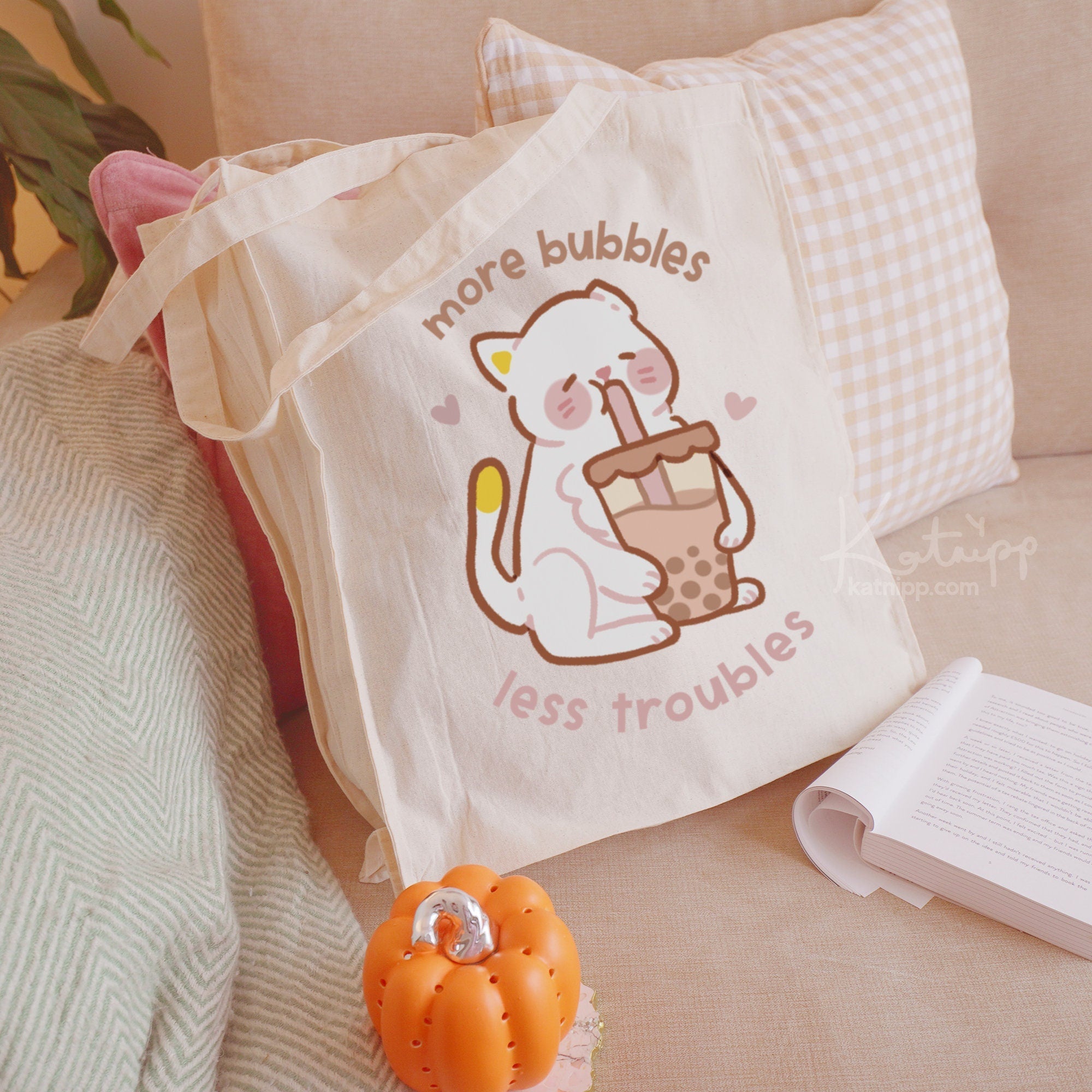 SECONDS More Bubble Less Trouble Tea Cat Tote Bag - Katnipp Studios