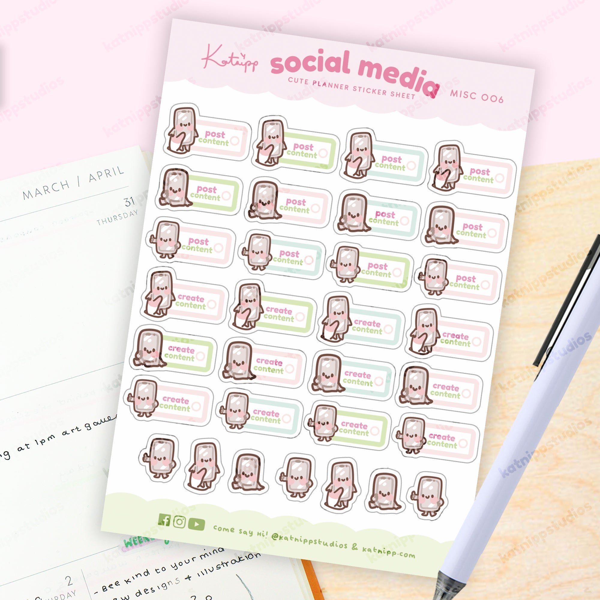 Social Media Content Planner Sticker Sheet | A6 | MISC 006 Katnipp character product
