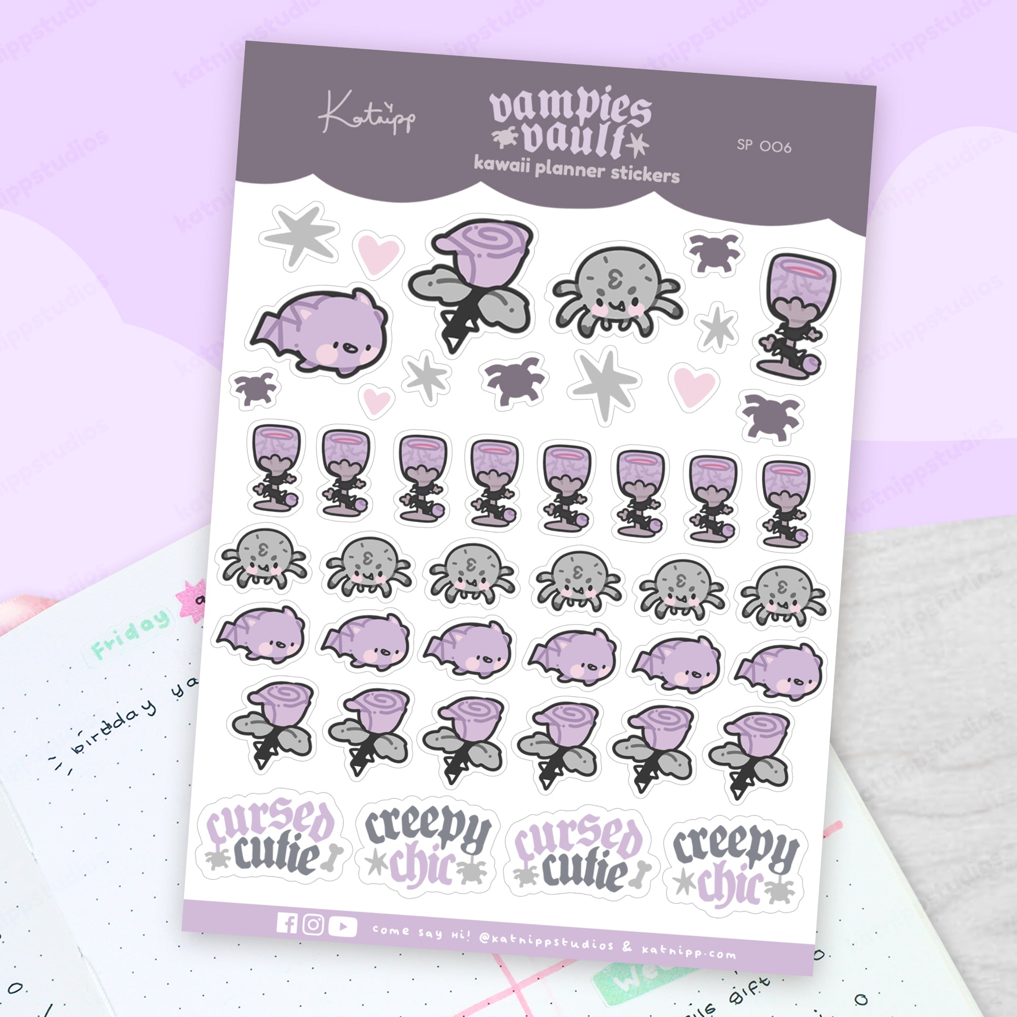 Spooky Halloween Sticker Sheet – Fluffy, Bartholomew & Kawaii Quotes - Gothic Stationery Stickers - SP 006 - Katnipp Studios