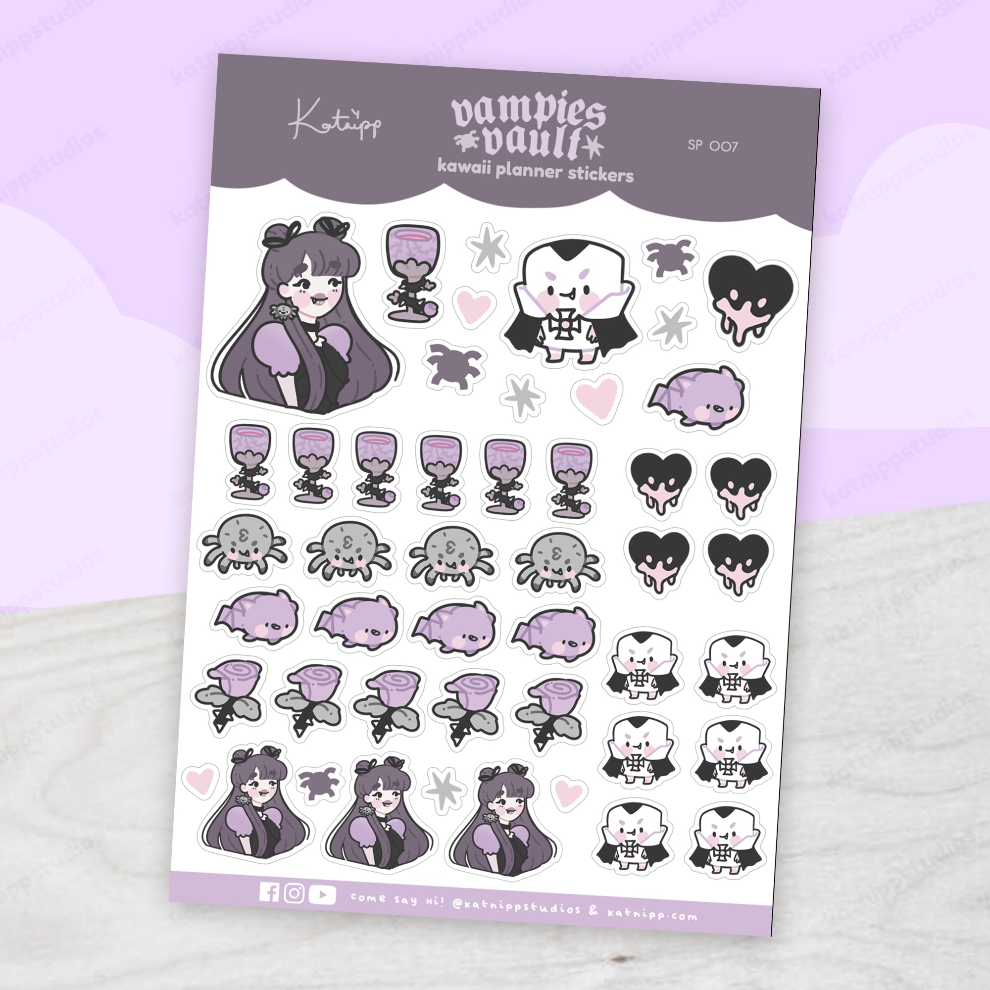 Spooky Halloween Sticker Sheet – Violet the Vampire & Kawaii Characters - Gothic Stationery Stickers - SP 007 - Katnipp Studios