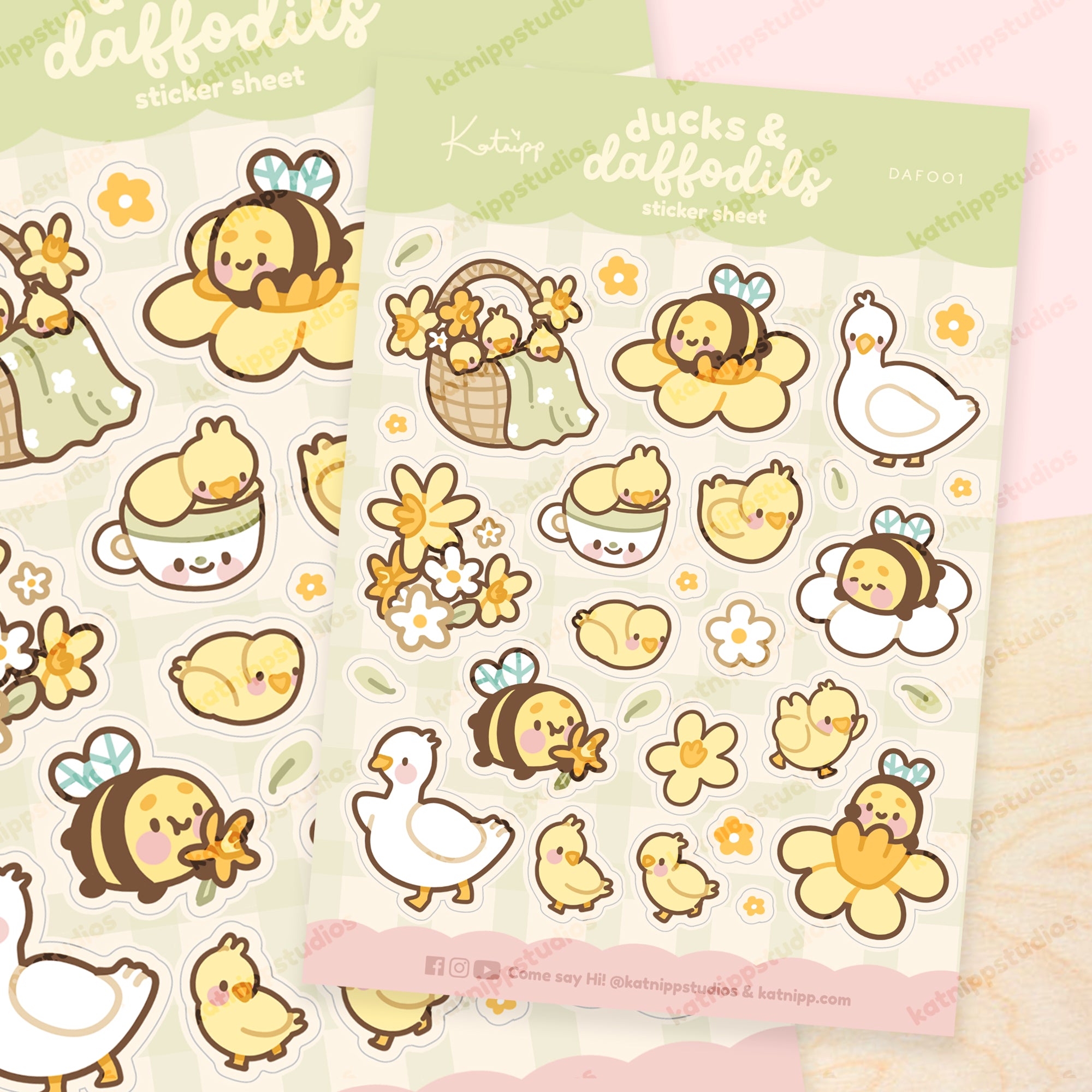 Spring Ducks and Daffodils - A5 Spring Waterproof Vinyl Sticker Sheet - Bumblebutt & Friend's - DAF001 - Katnipp Studios