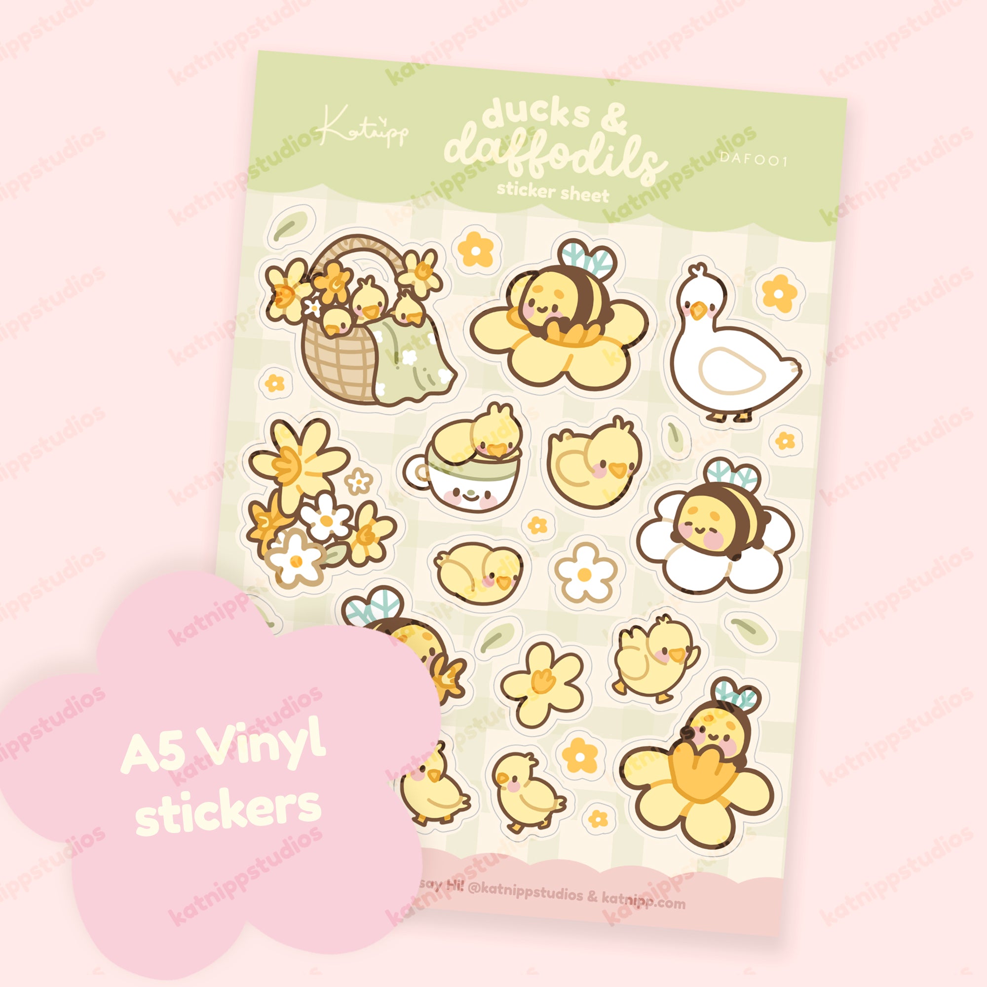 Spring Ducks and Daffodils - A5 Spring Waterproof Vinyl Sticker Sheet - Bumblebutt & Friend's - DAF001 - Katnipp Studios