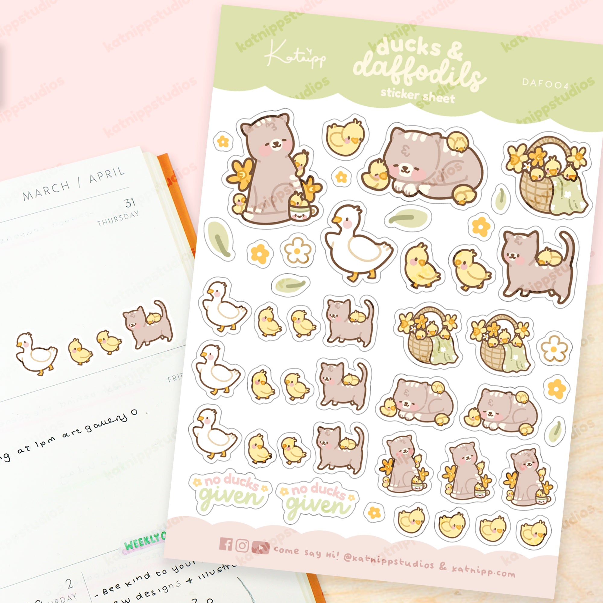 Spring Ducks & Daffodils: A6 Kawaii Sticker Sheet - Satsuma the Cat, Katnipp Ducklings, Mother Duck - Kawaii Stickers - DAF004 - Katnipp Studios