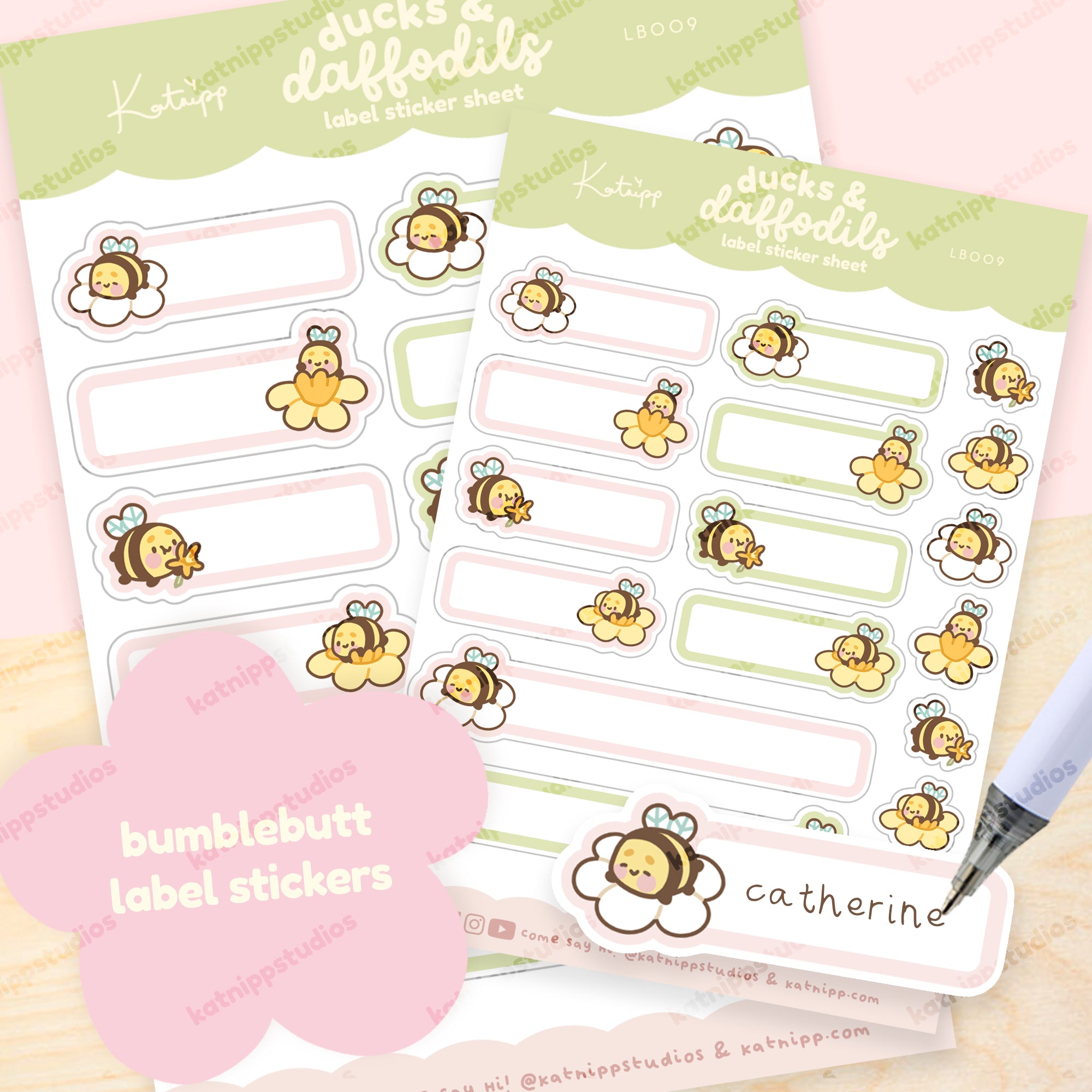 Spring Ducks and Daffodils - Bumblebutt & Daffodils A5 Kawaii Label Sticker Sheet - LB009 - Katnipp Studios