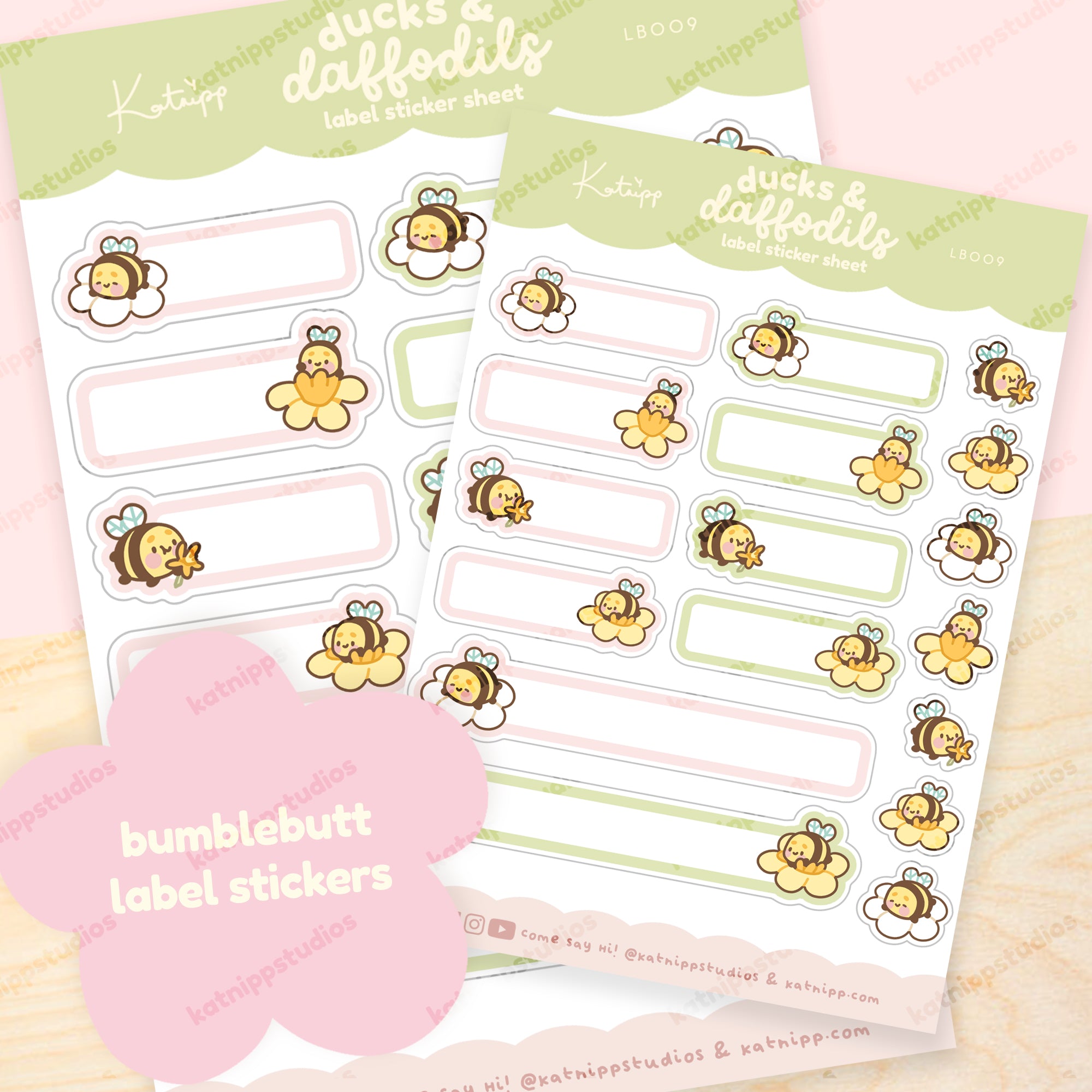 Spring Ducks and Daffodils - Bumblebutt & Daffodils A5 Kawaii Label Sticker Sheet - LB009 - Katnipp Studios