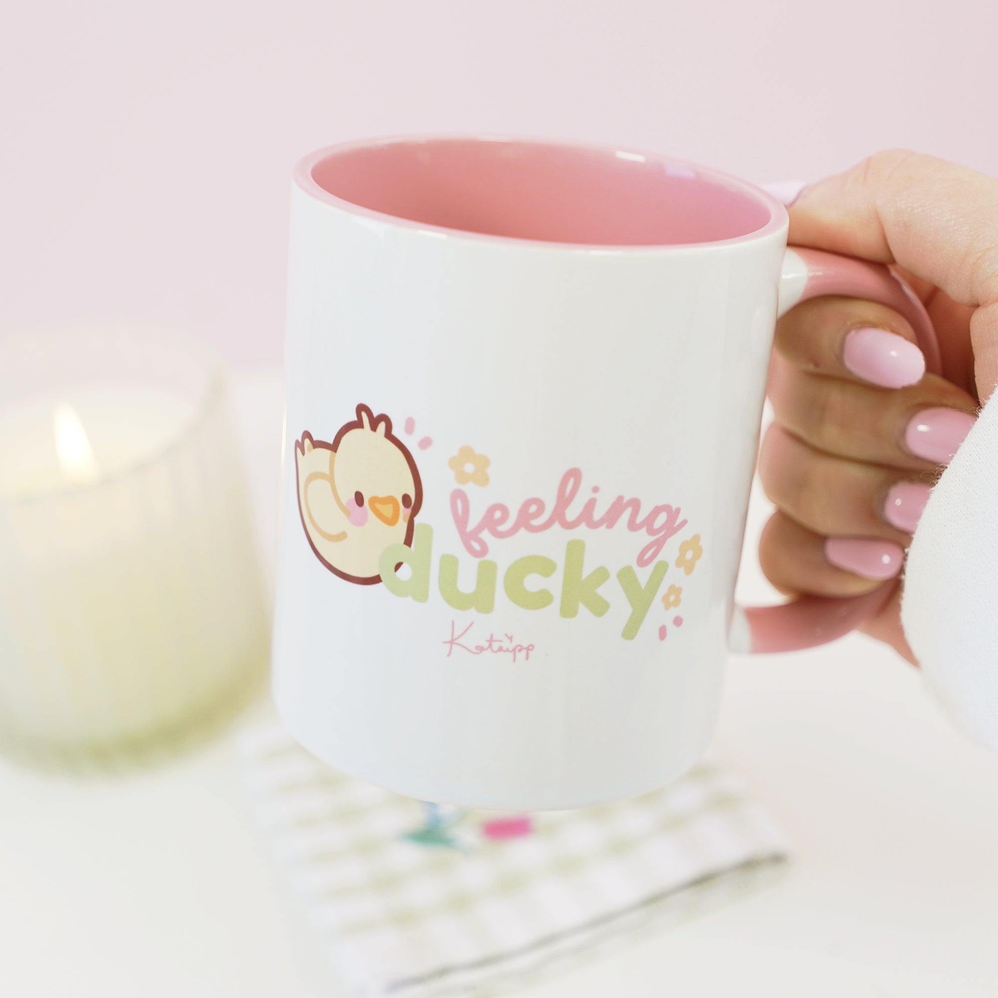 Spring Ducks and Daffodils: Funny Katnipp Duckling Kawaii Ceramic Mug - 'Feeling Ducky' - Katnipp Studios