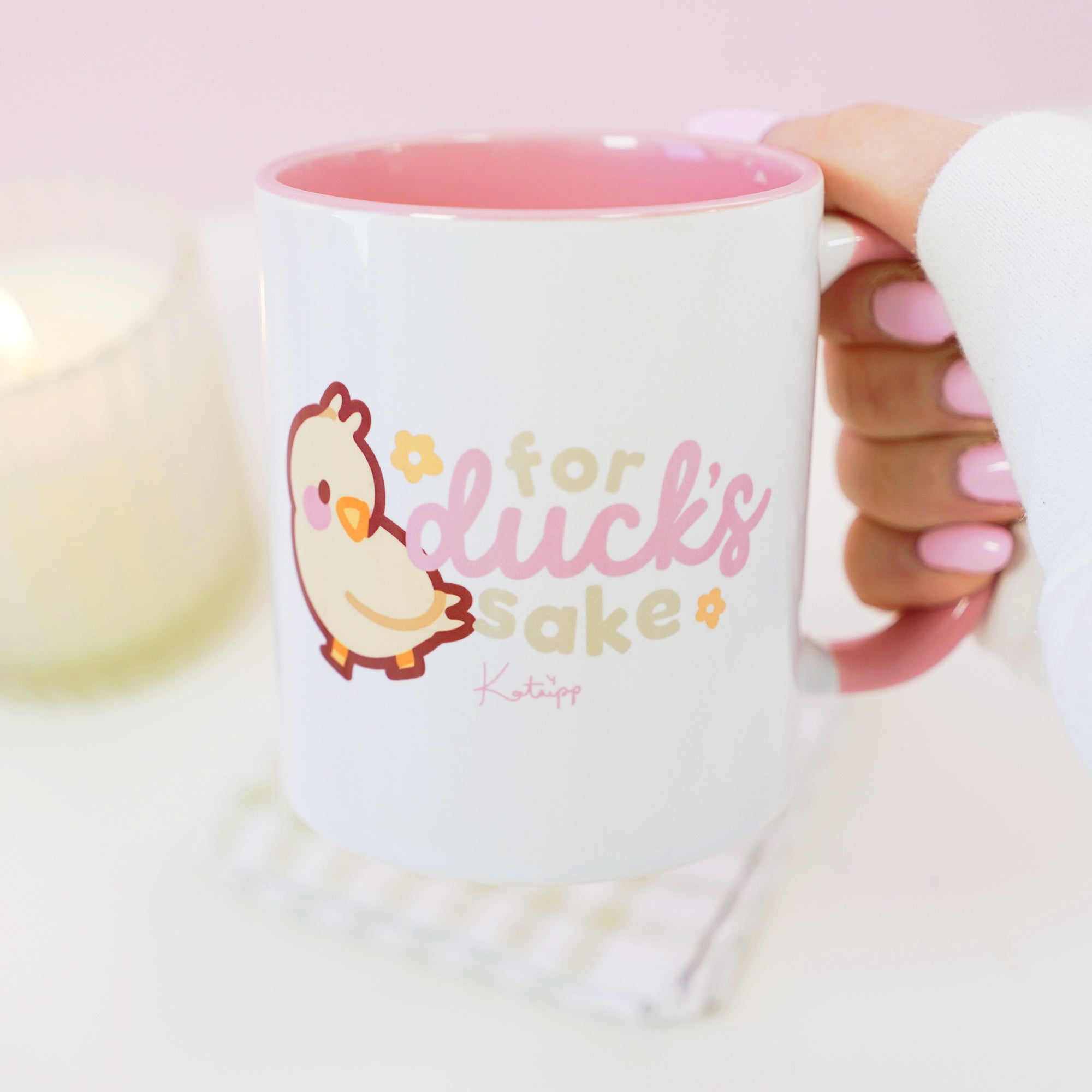 Spring Ducks and Daffodils: Funny Katnipp Duckling Kawaii Ceramic Mug - 'For Duck's Sake' - Katnipp Studios