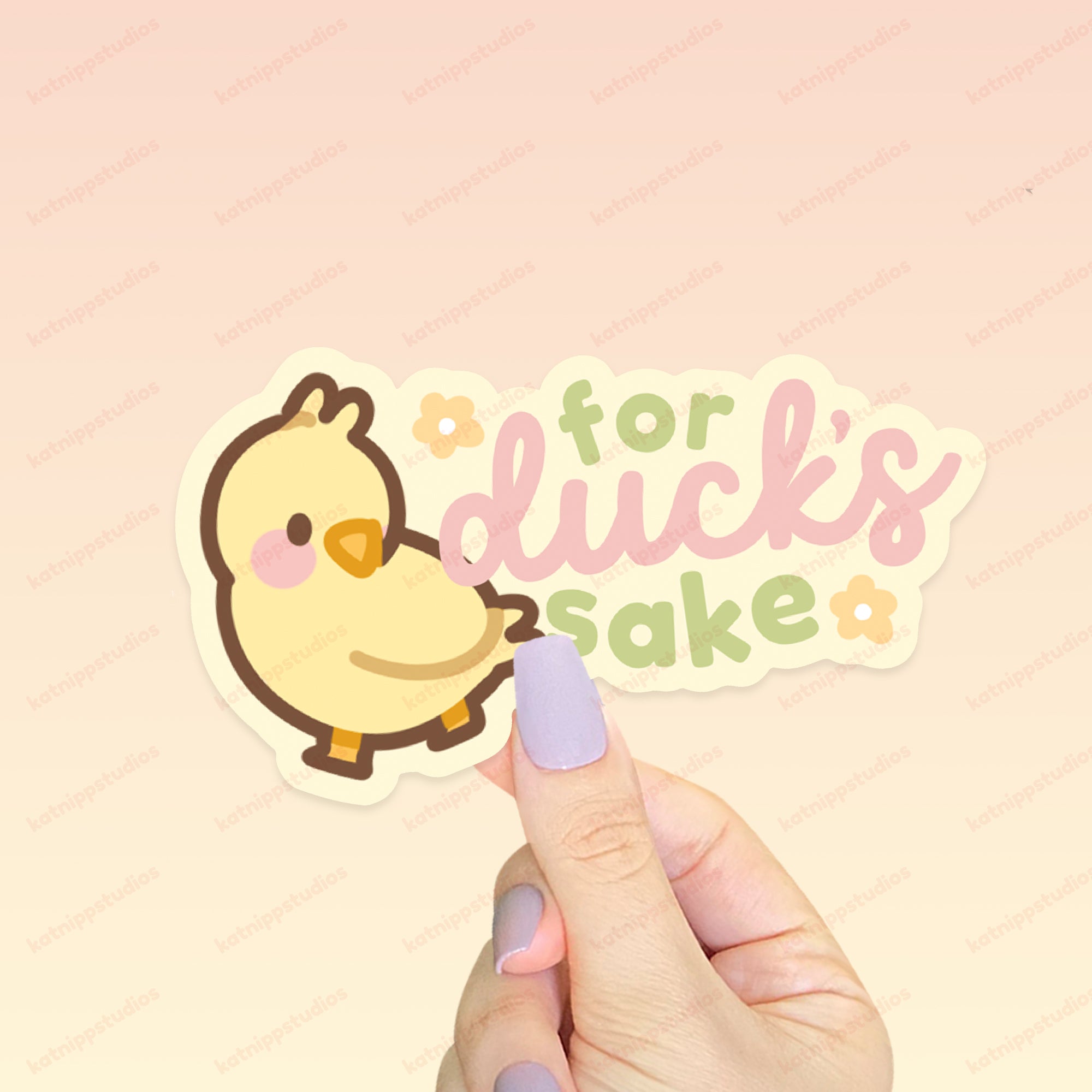 Spring Ducks & Daffodils: Funny Katnipp Duckling Kawaii Die-Cut Sticker - 'For Duck's Sake' - Katnipp Studios