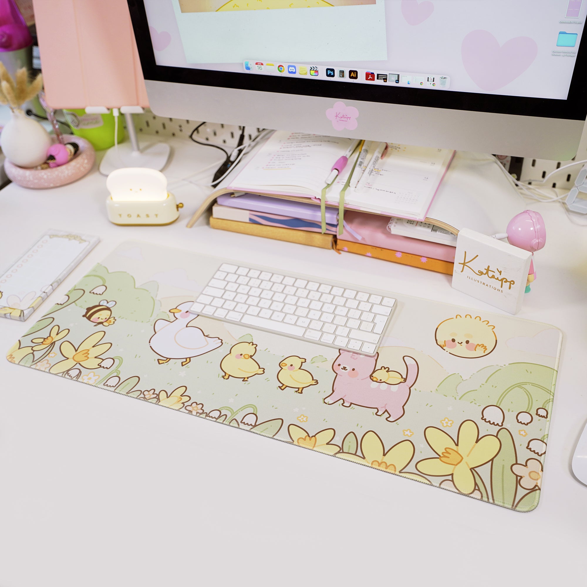 Spring Ducks and Daffodils: Mother Duck & Friends Kawaii Gaming Mouse Pad - Aesthetic Cottagecore Desk Mat - Katnipp Studios
