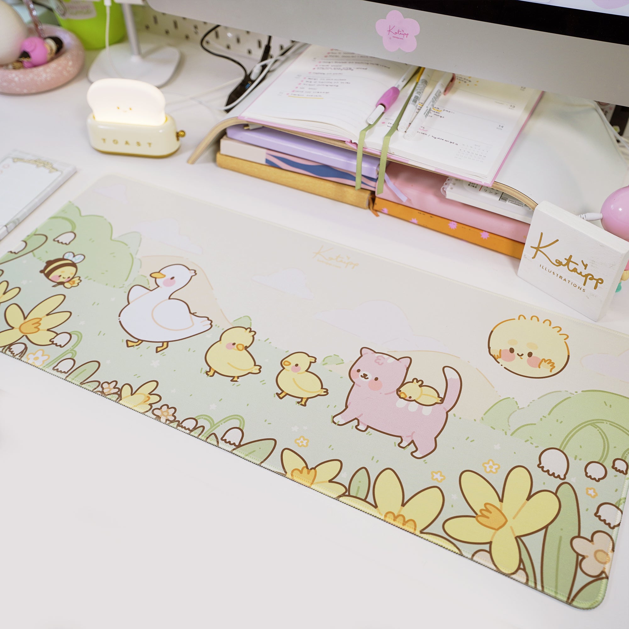 Spring Ducks and Daffodils: Mother Duck & Friends Kawaii Gaming Mouse Pad - Aesthetic Cottagecore Desk Mat - Katnipp Studios