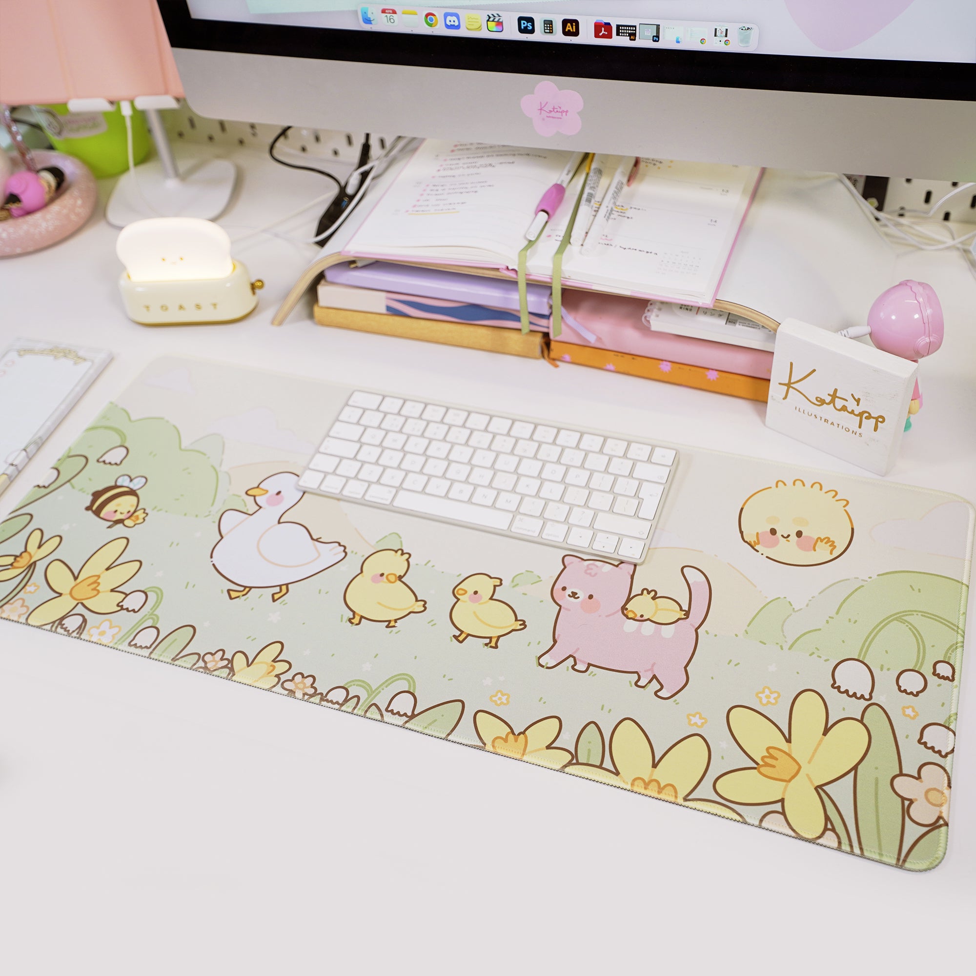 Spring Ducks and Daffodils: Mother Duck & Friends Kawaii Gaming Mouse Pad - Aesthetic Cottagecore Desk Mat - Katnipp Studios