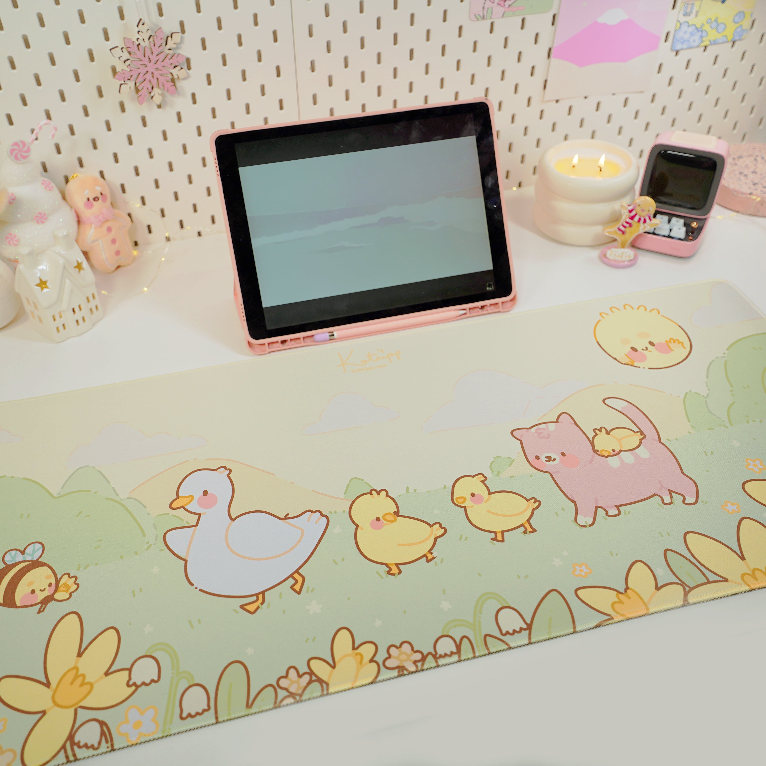 Spring Ducks and Daffodils: Mother Duck & Friends Kawaii Gaming Mouse Pad - Aesthetic Cottagecore Desk Mat - Katnipp Studios