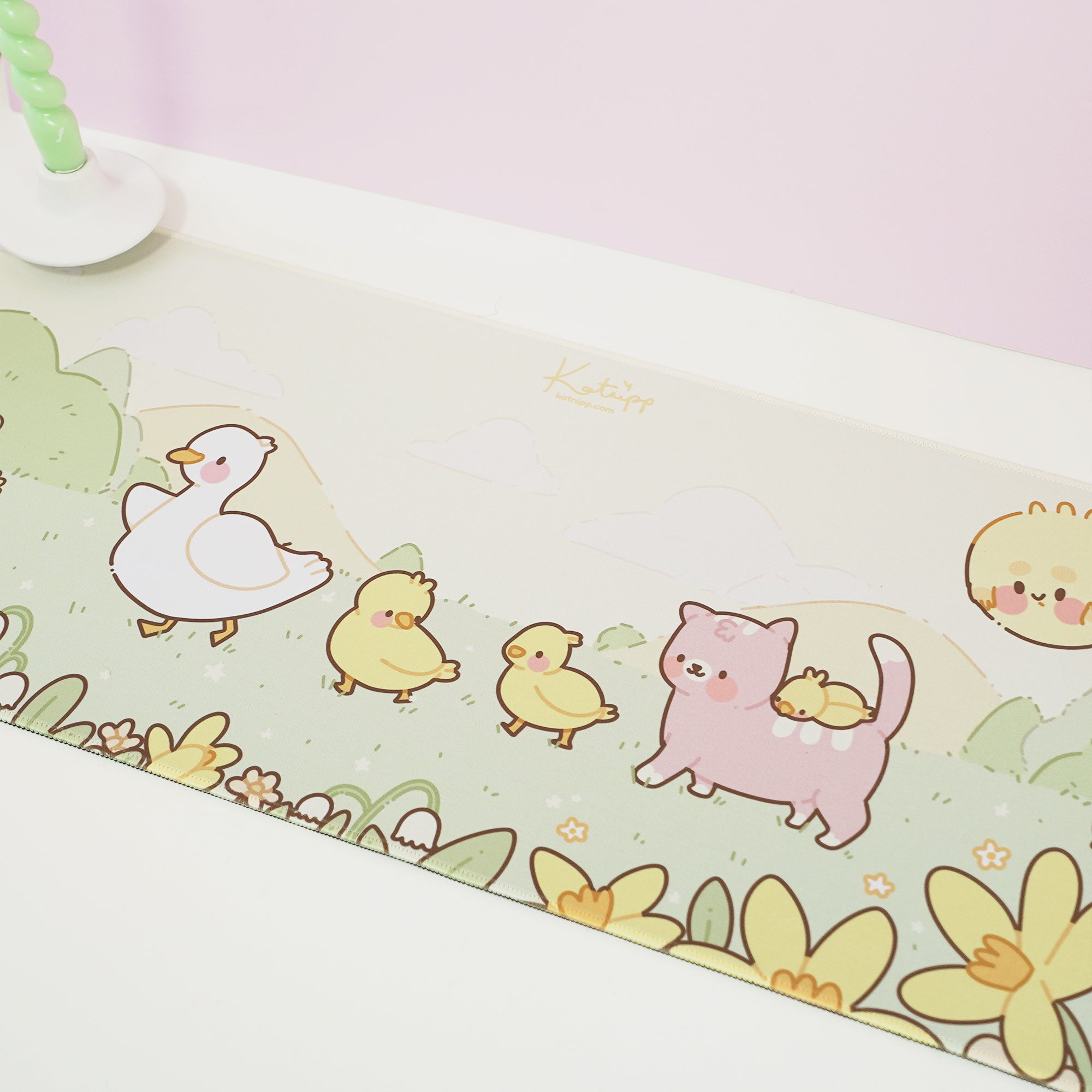 Spring Ducks and Daffodils: Mother Duck & Friends Kawaii Gaming Mouse Pad - Aesthetic Cottagecore Desk Mat - Katnipp Studios