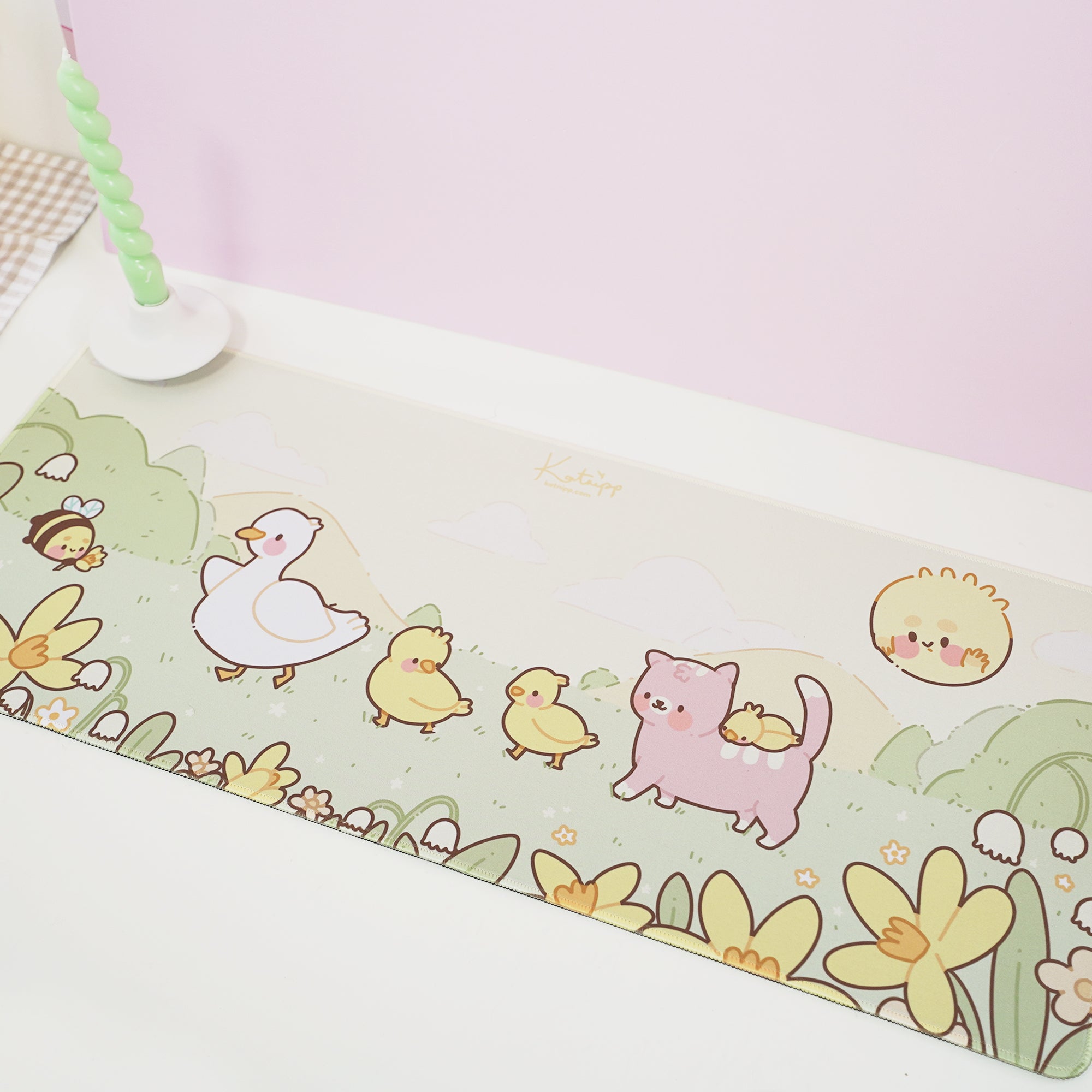 Spring Ducks and Daffodils: Mother Duck & Friends Kawaii Gaming Mouse Pad - Aesthetic Cottagecore Desk Mat - Katnipp Studios