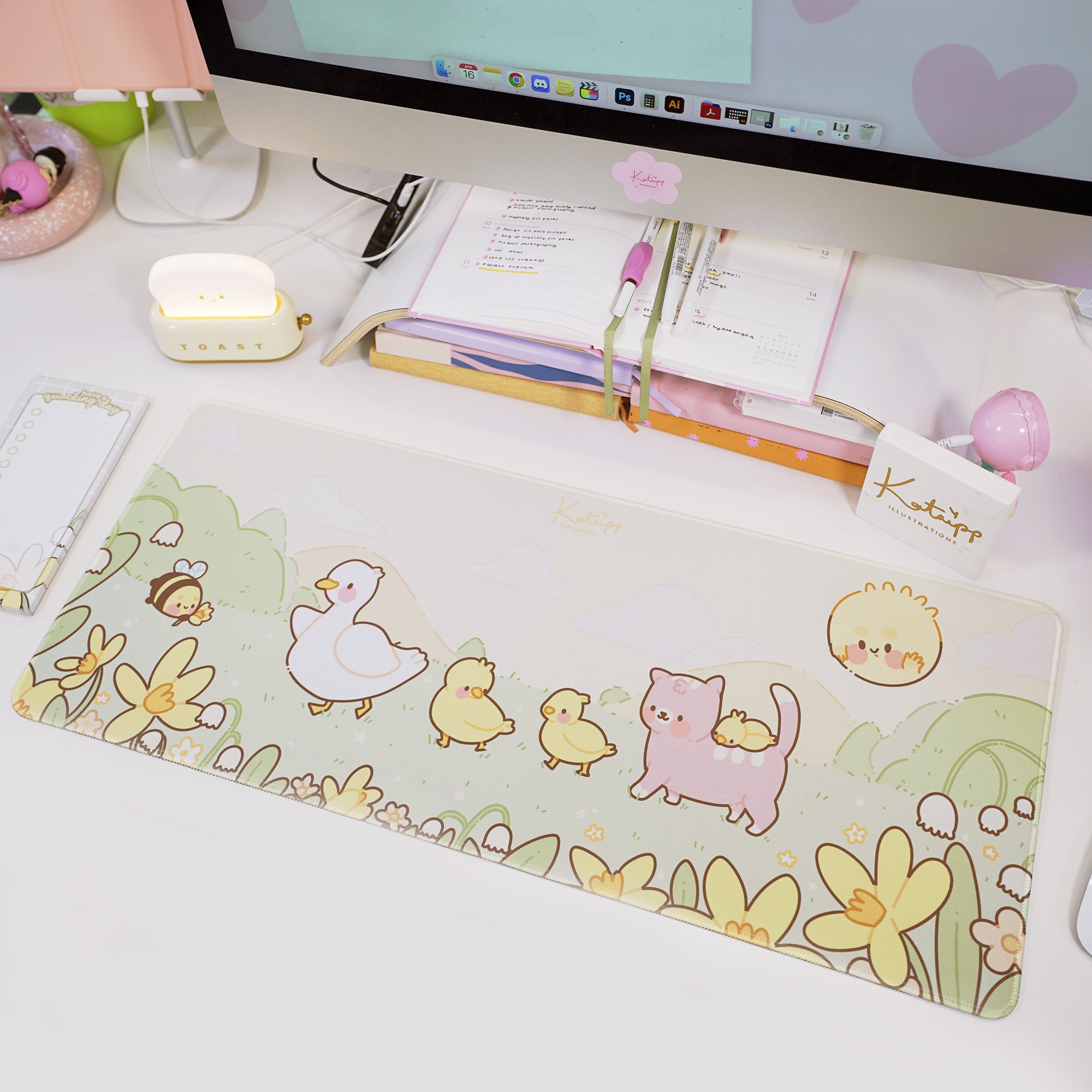 Spring Ducks and Daffodils: Mother Duck & Friends Kawaii Gaming Mouse Pad - Aesthetic Cottagecore Desk Mat - Katnipp Studios