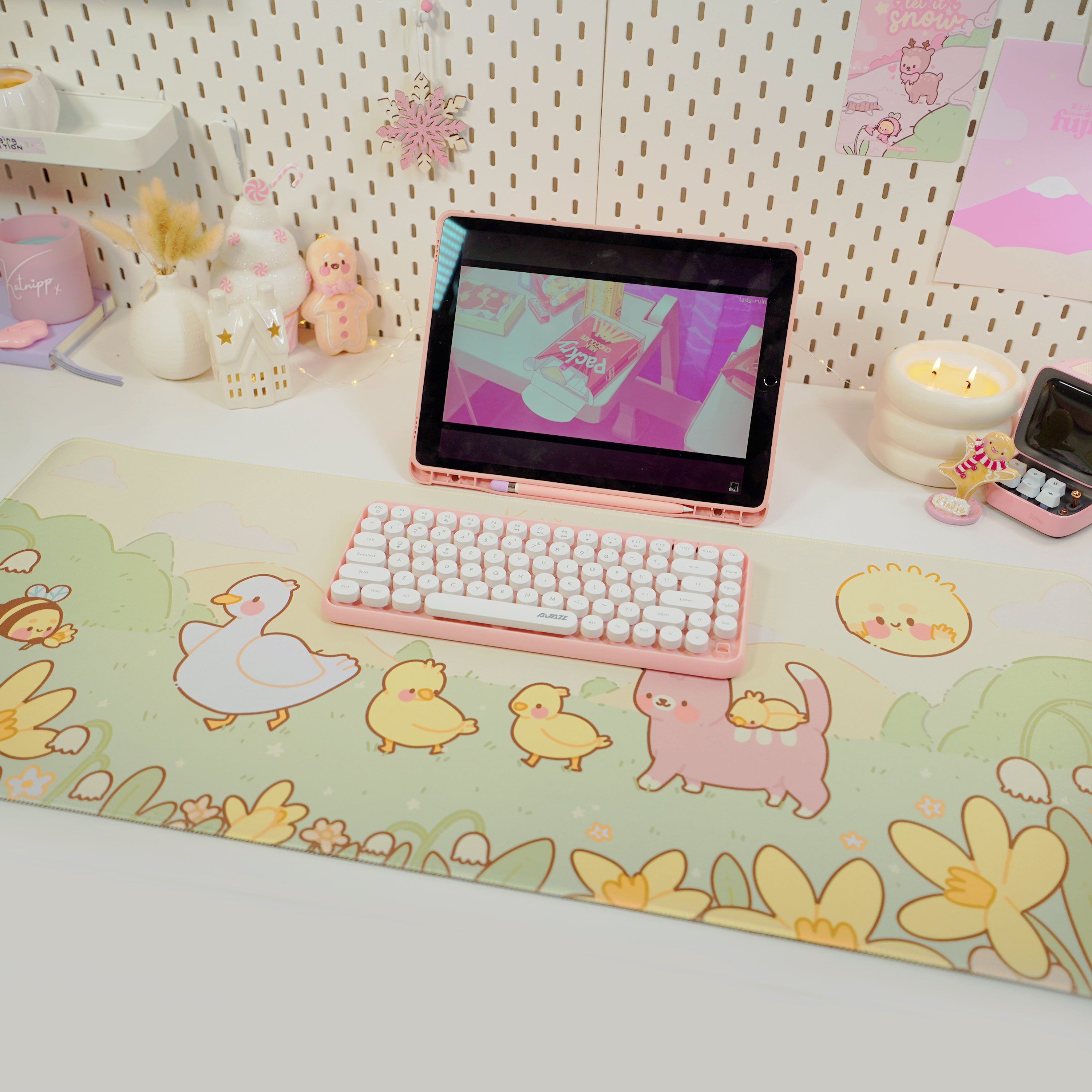 Spring Ducks and Daffodils: Mother Duck & Friends Kawaii Gaming Mouse Pad - Aesthetic Cottagecore Desk Mat - Katnipp Studios