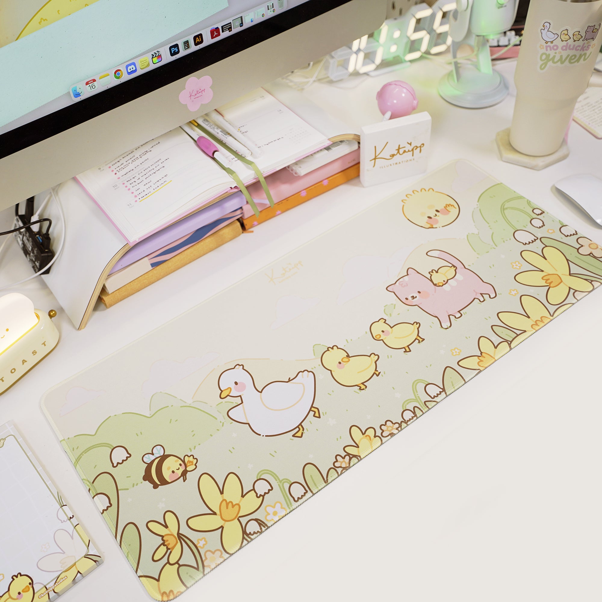 Spring Ducks and Daffodils: Mother Duck & Friends Kawaii Gaming Mouse Pad - Aesthetic Cottagecore Desk Mat - Katnipp Studios
