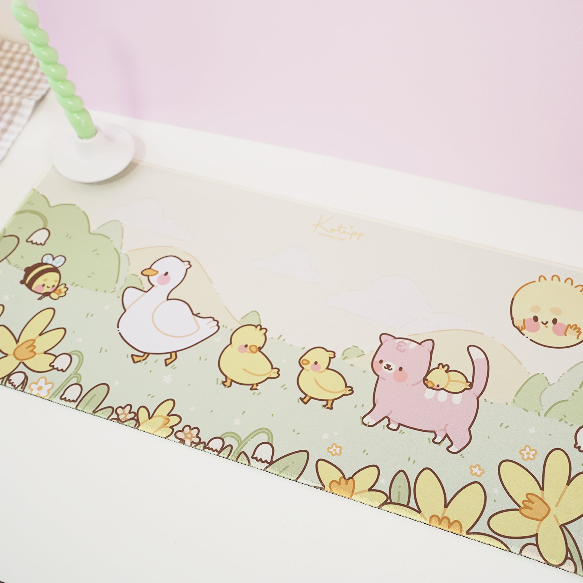Spring Ducks and Daffodils: Mother Duck & Friends Kawaii Gaming Mouse Pad - Aesthetic Cottagecore Desk Mat - Katnipp Studios