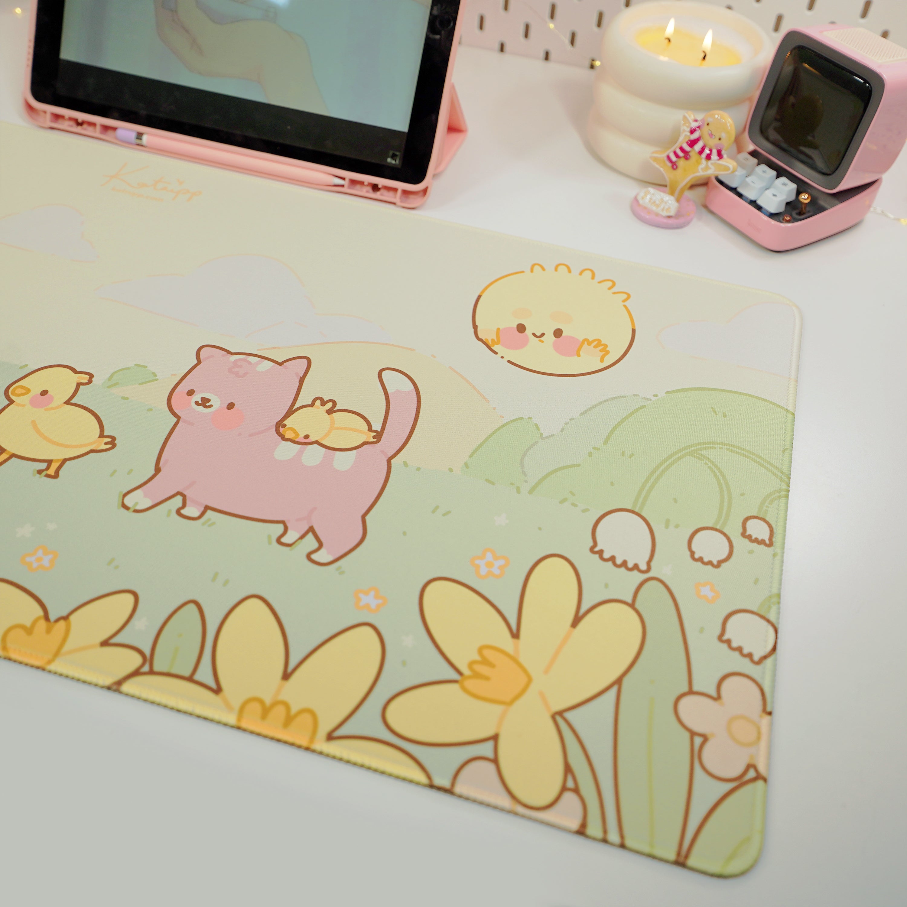 Spring Ducks and Daffodils: Mother Duck & Friends Kawaii Gaming Mouse Pad - Aesthetic Cottagecore Desk Mat - Katnipp Studios