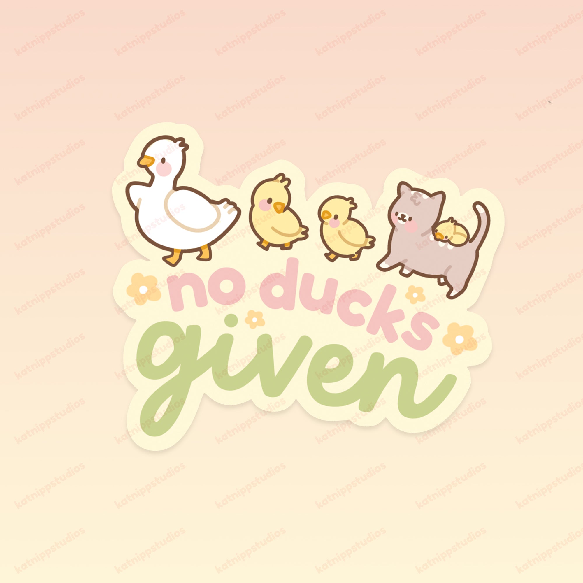 Spring Ducks and Daffodils: Satsuma & Katnipp Ducklings Funny Kawaii Die-Cut Sticker - 'No Ducks Given' - Katnipp Studios