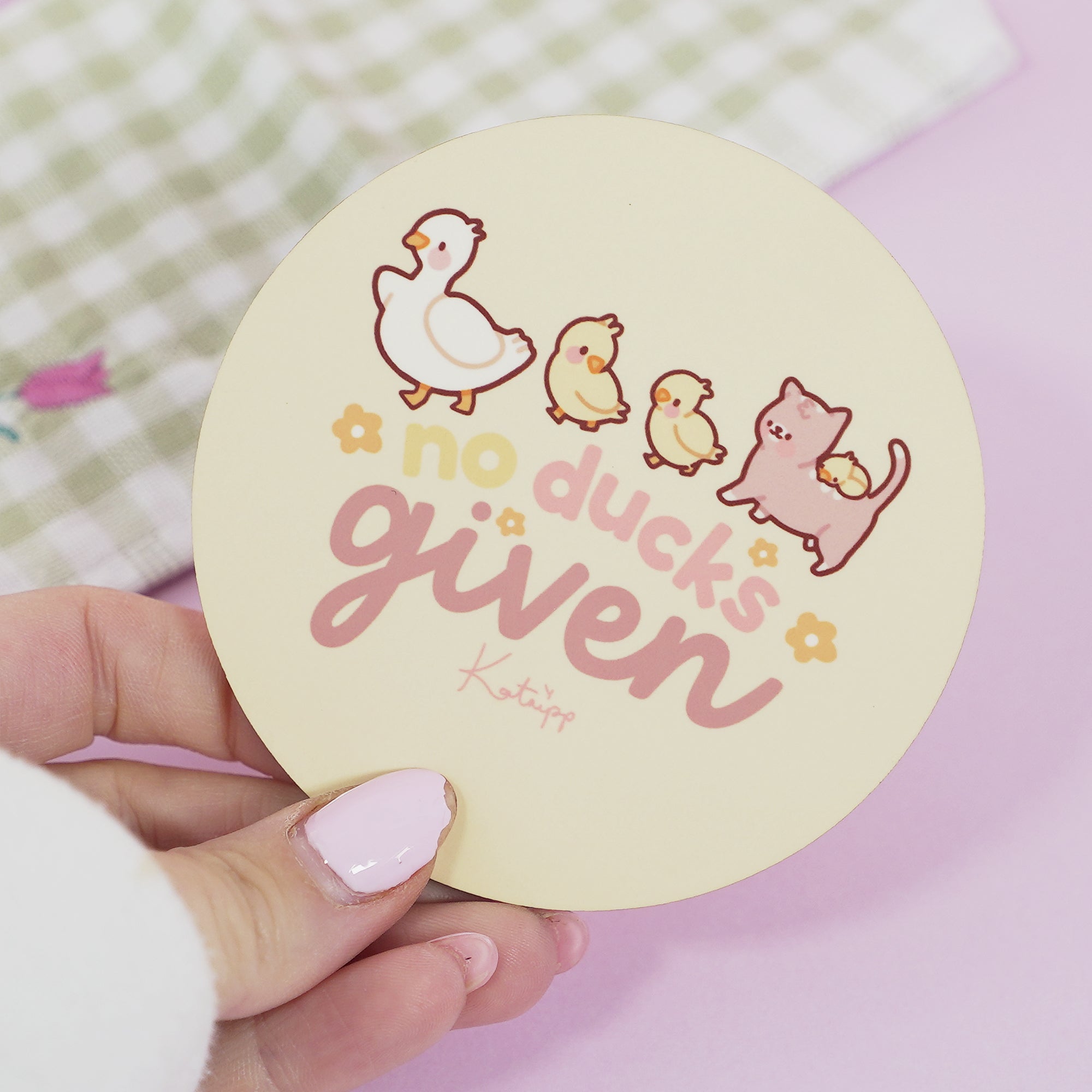 Spring Ducks & Daffodils: Satsuma and Katnipp Ducks Funny Kawaii Coaster - 'No Ducks Given' - Katnipp Studios