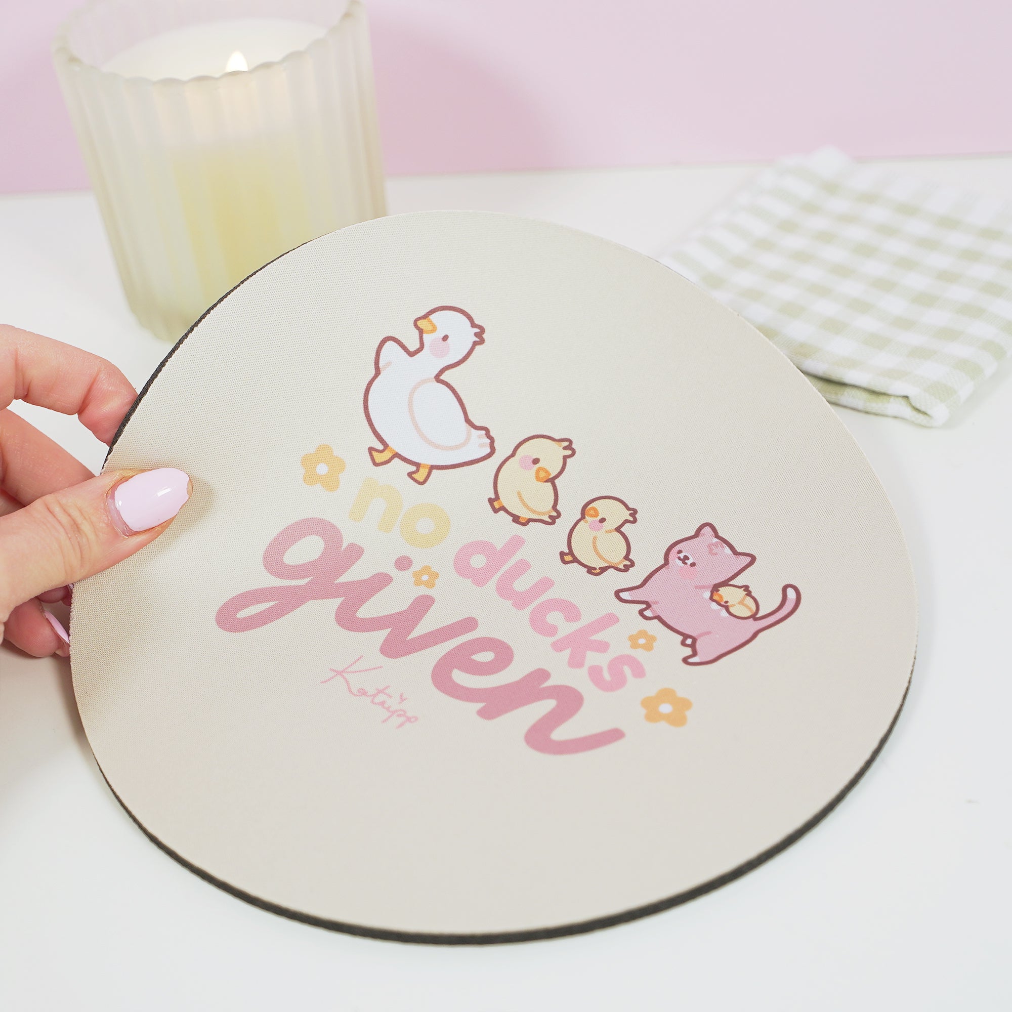 Spring Ducks and Daffodils: Satsuma, Mother Duck & Katnipp Ducklings Mouse Pad - 'No Ducks Given' - Katnipp Studios