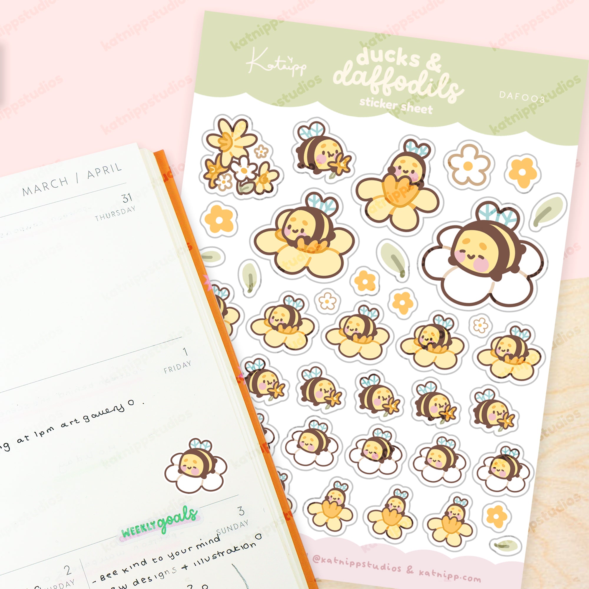 Spring Ducks & Daffodils - Spring Flower A6 Sticker Sheet - DAF003 - Katnipp Studios