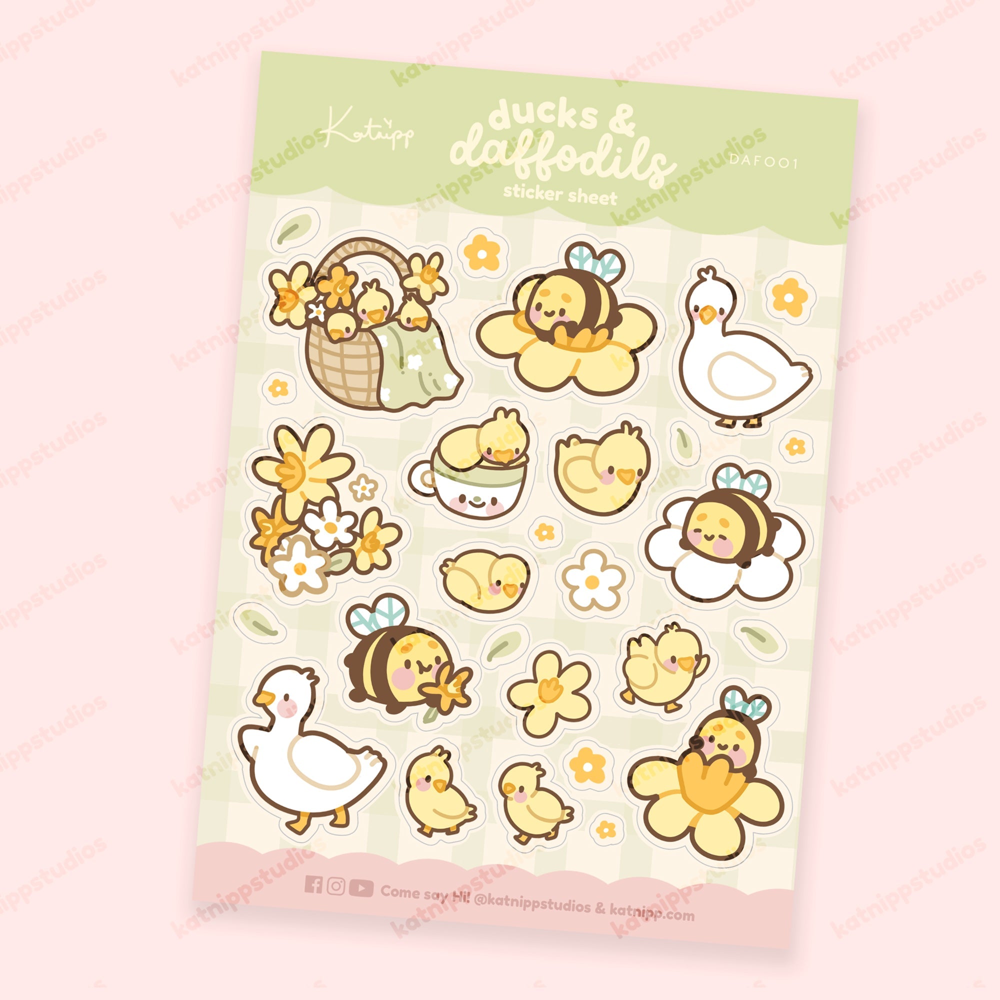 Spring Ducks & Daffodils Sticker Sheet | Bumblebutt Kawaii A5 Stickers | DAF001 Katnipp character product