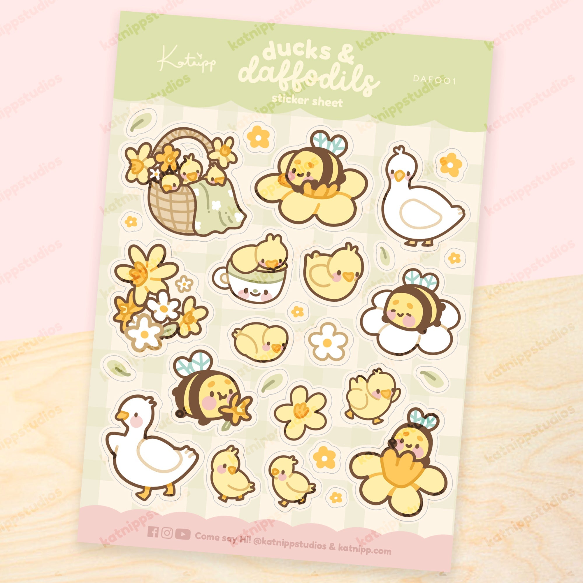 Spring Ducks & Daffodils Sticker Sheet | Bumblebutt Kawaii A5 Stickers | DAF001 Katnipp character product