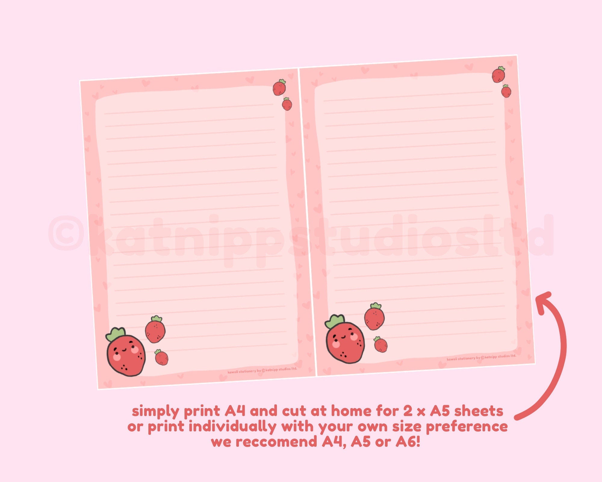 Strawberry Digital Letter Set | Printable Cute Digital Stationery | Adorable Letter Writing Sheets Katnipp character product