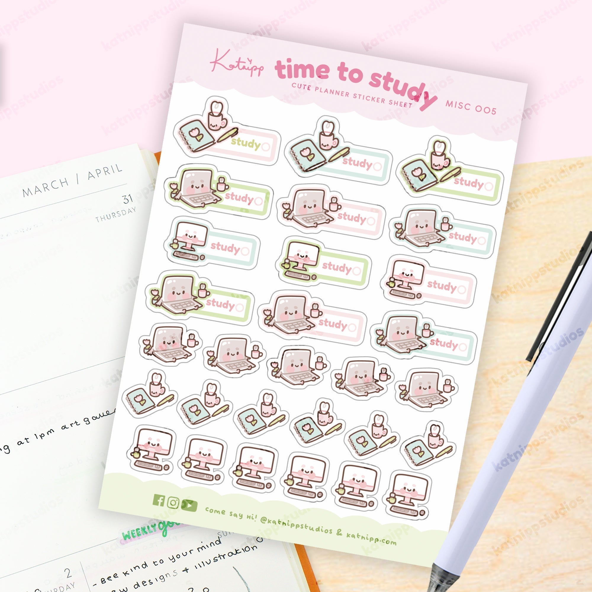 Time to Study Sticker Sheet | A6 Planner Stickers | MISC 005 Katnipp character product